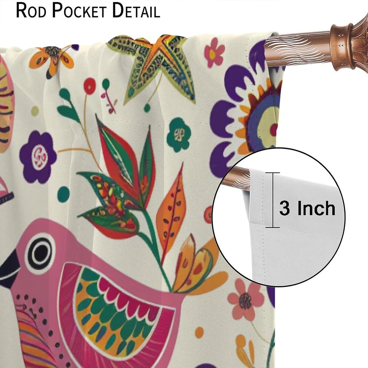 Bohemian Folk Bird Floral Blackout Curtains for Bedroom/Living Room, Leaf Mexican Curtains Rod Pocket Thermal Insulated Window Drapes, 2 Panels/Each 21" W x 45" L