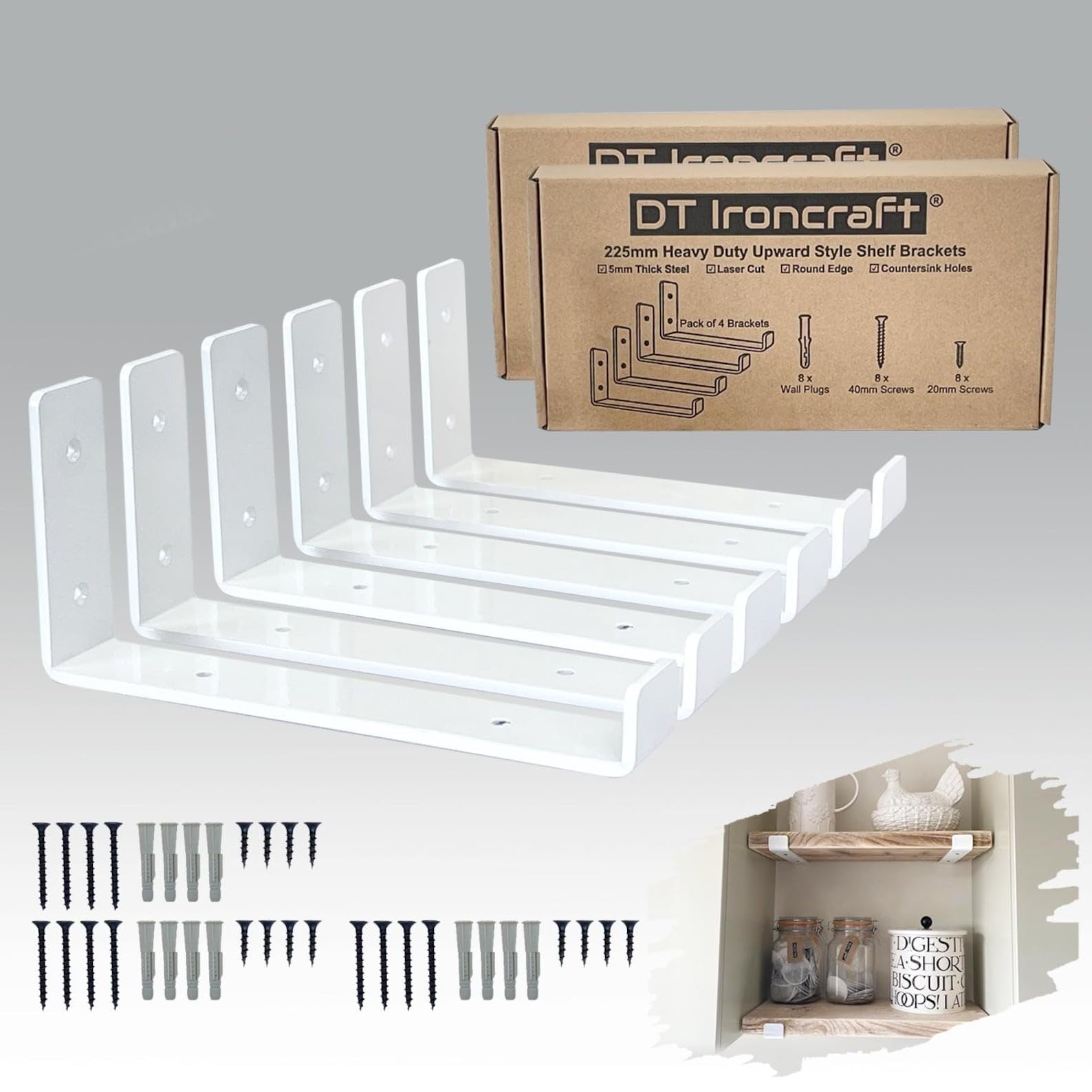 Shelf Brackets for Scaffold Board Shelving - Heavy Duty Durable Industrial Style 9 inch Shelf Bracket with Lip - Made from 5mm Steel by DT Ironcraft - 225x40mm (White, Lip UP 6 pcs)