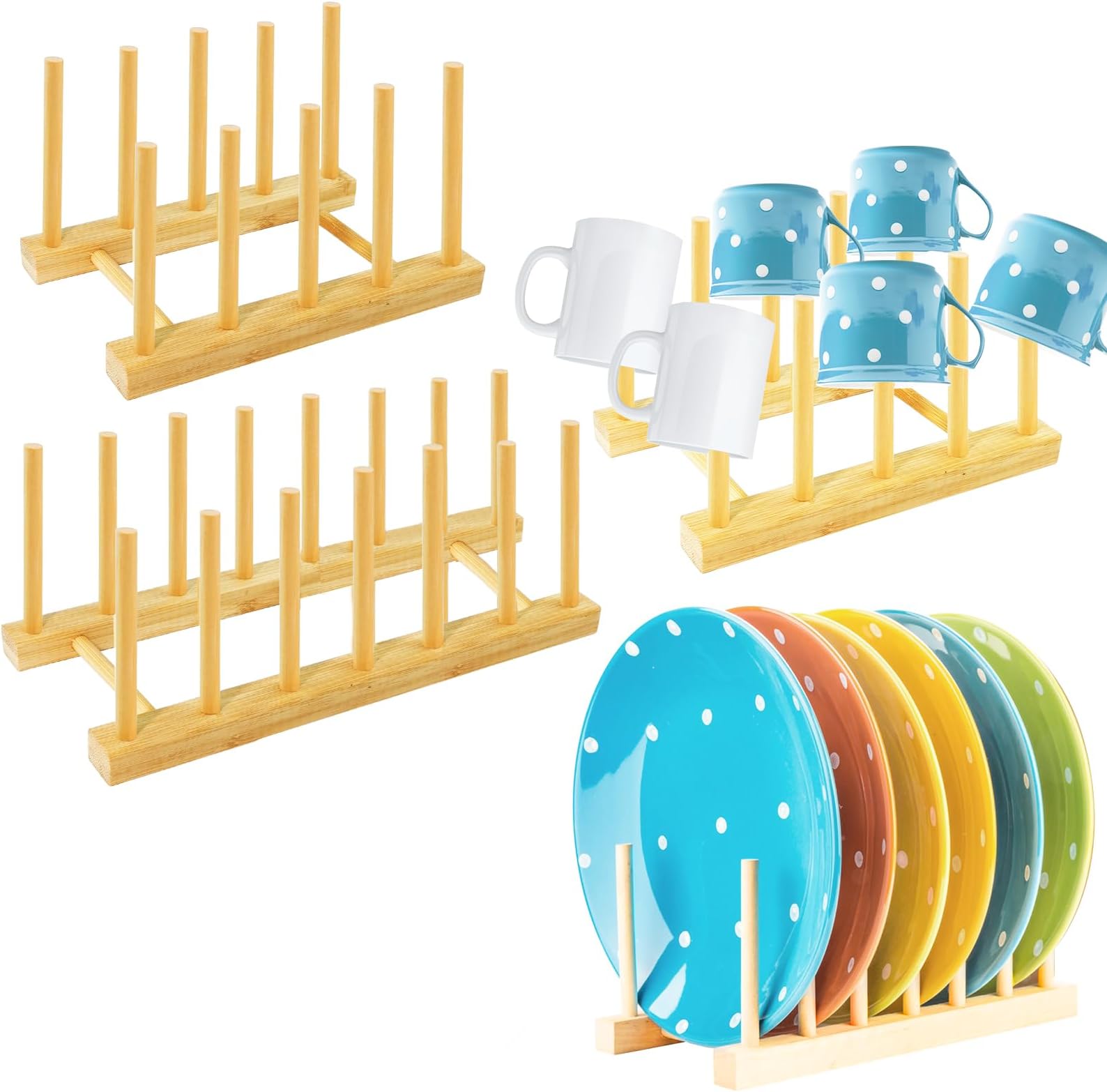 Bohoray 2pcs Wooden Plate Rack Stand, 2 Sizes Cupboards Dish Rack ...