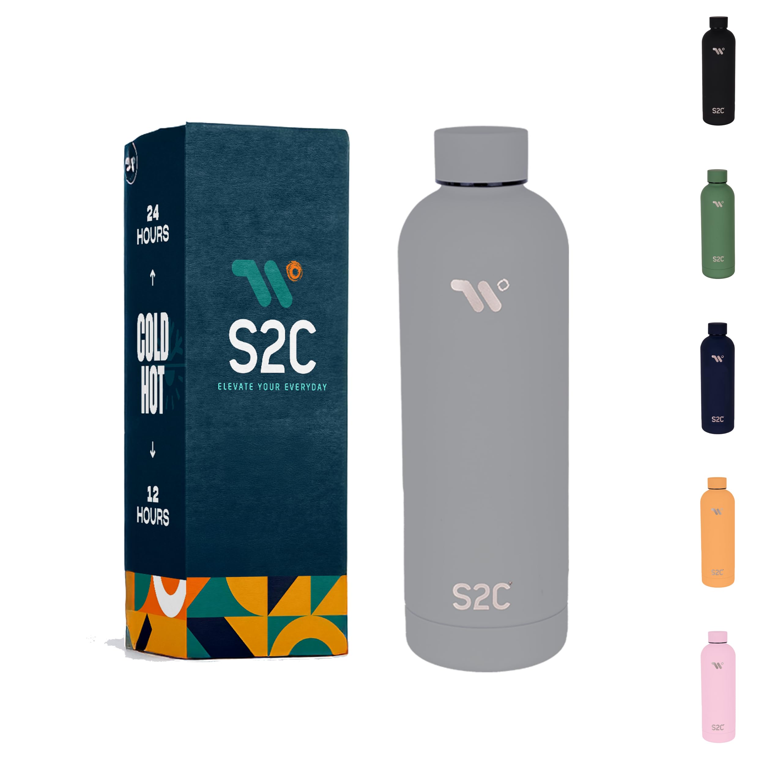 S2C Water Bottle Stainless Steel 750ml - Double Wall insulated Water Bottles for Hot Water Gym Bottle Stainless Steel Water Bottle for Kids School Flask Bottle Hot water bottle (GREY, 750ml) 750 ml GREY