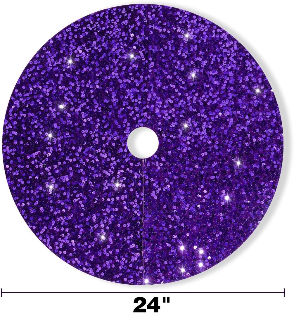24 Inch Purple Sequin Christmas Tree Skirt，Large Xmas Tree Skirts Round Tree Base Skirt for Christmas Tree Decorations for Artificial Christmas Tree Base Cover Party Decoration(24 in)