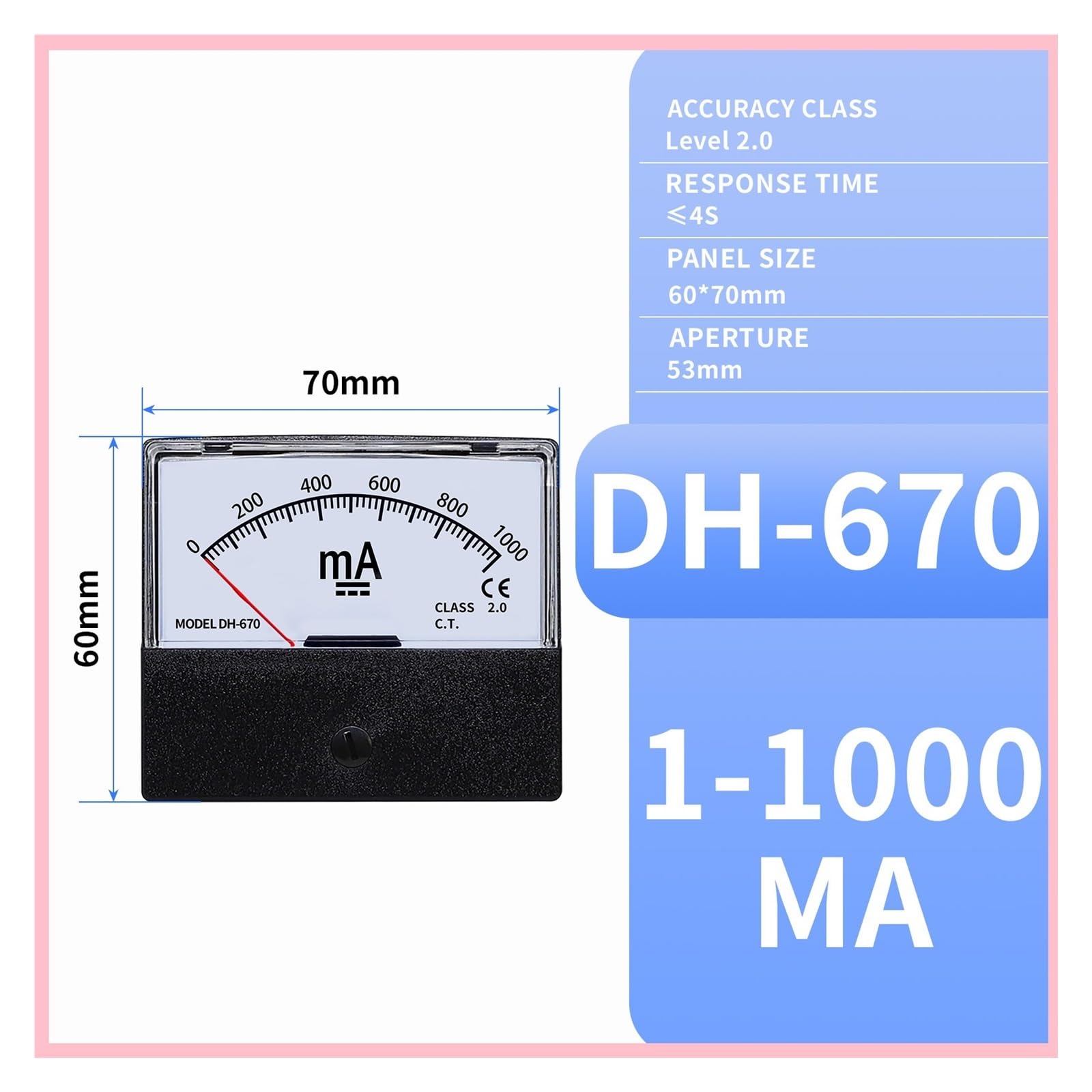 Instrumentos de panel de corriente analógica, El medidor de panel amperímetro analógico CC/CA mide corriente de 5 mA a 1000 mA(DH670 DC,150mA)
