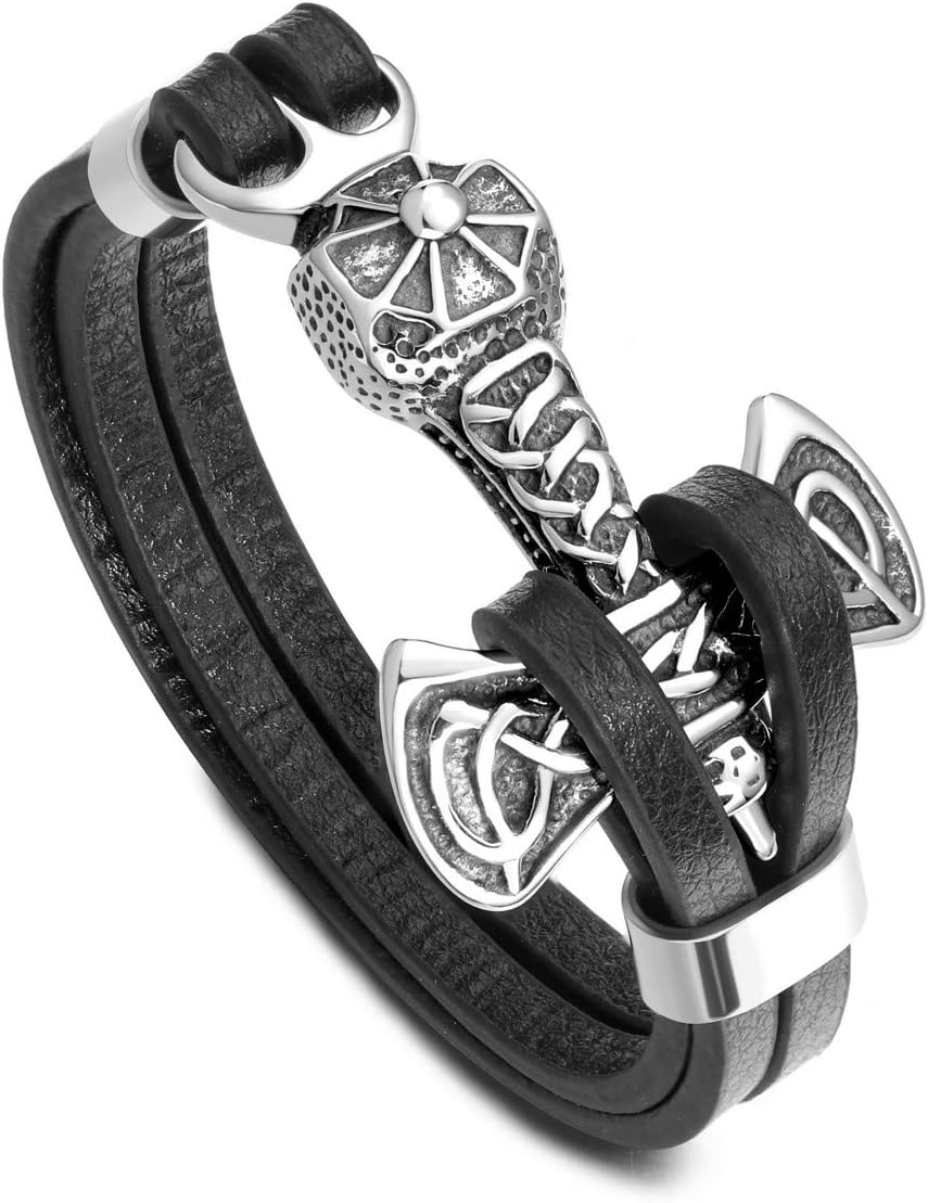 Mens Viking Thor's Hammer Mjolnir Bracelet Stainless Steel Celtic Knot Hammer Black Genuine Leather Bracelet Viking Wristband for Men 1