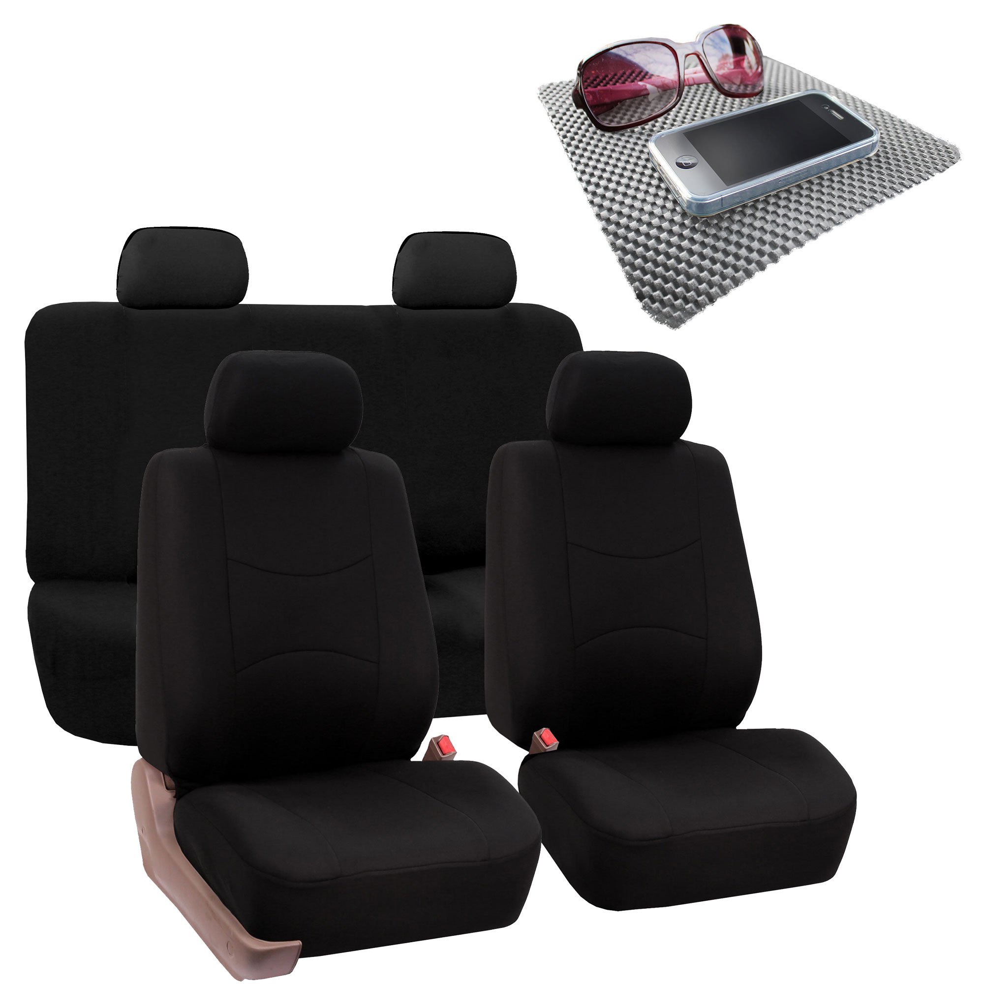 FH Group Bright Flat Cloth Full Set Automotive Seat Covers Front Set and Rear Solid Bench Black Seat Covers w. Gift Universal Fit Interior Accessories for Cars Trucks and SUVs