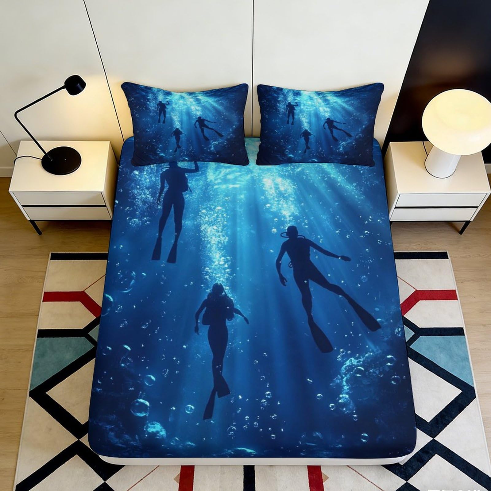 3D Printed Underwater Diver Fitted Sheet Microfiber Soft Breathable Ocean Bubble Mattress Cover for Bedroom Decor 90x200x25cm