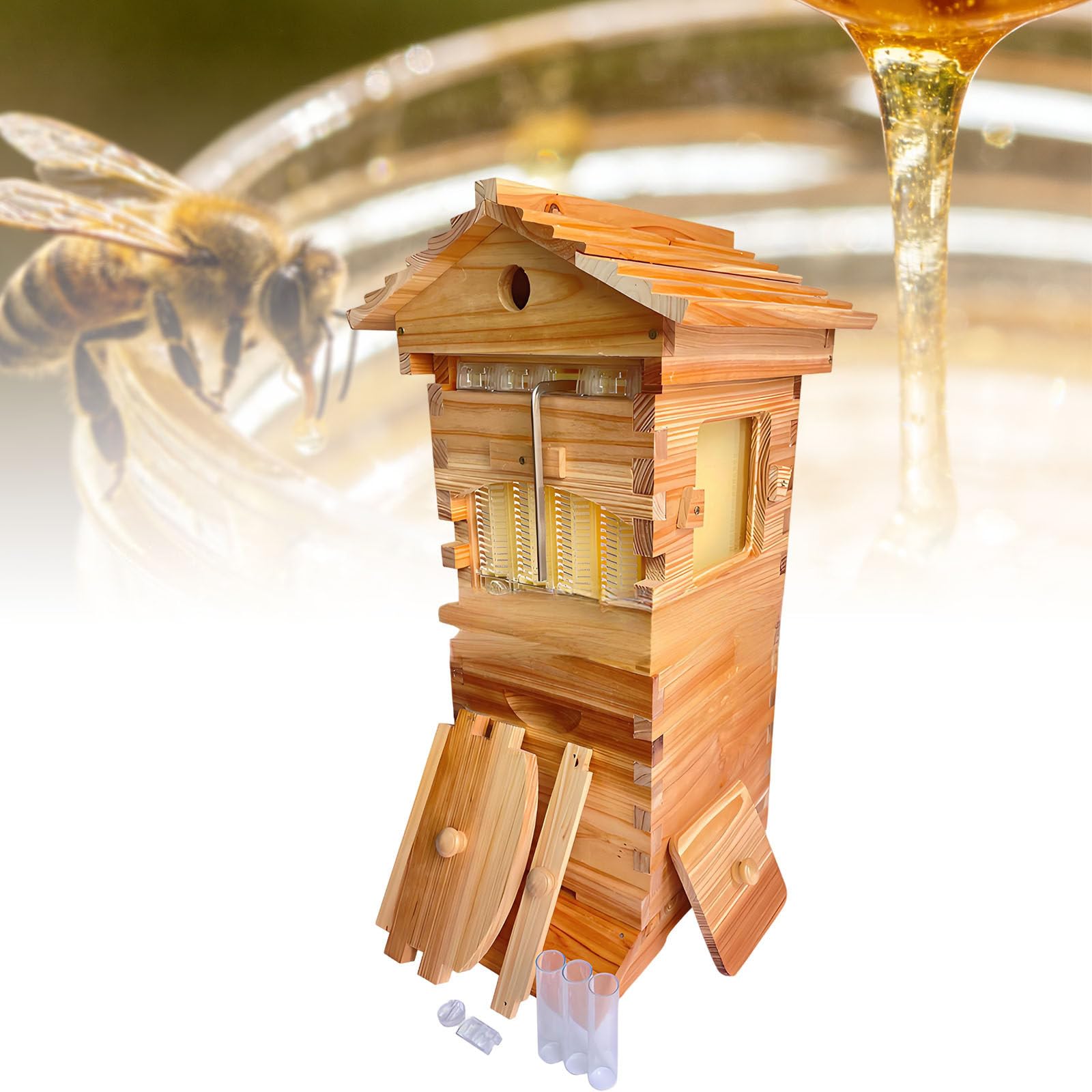 Ymnogjie Automatic Beekeeping Starter Kit,Self Flowing Honey Beehive,Complete Wooden Bee Box with Observation Window,Honey Spout,for Garden Pollinators,Honey Harvesting
