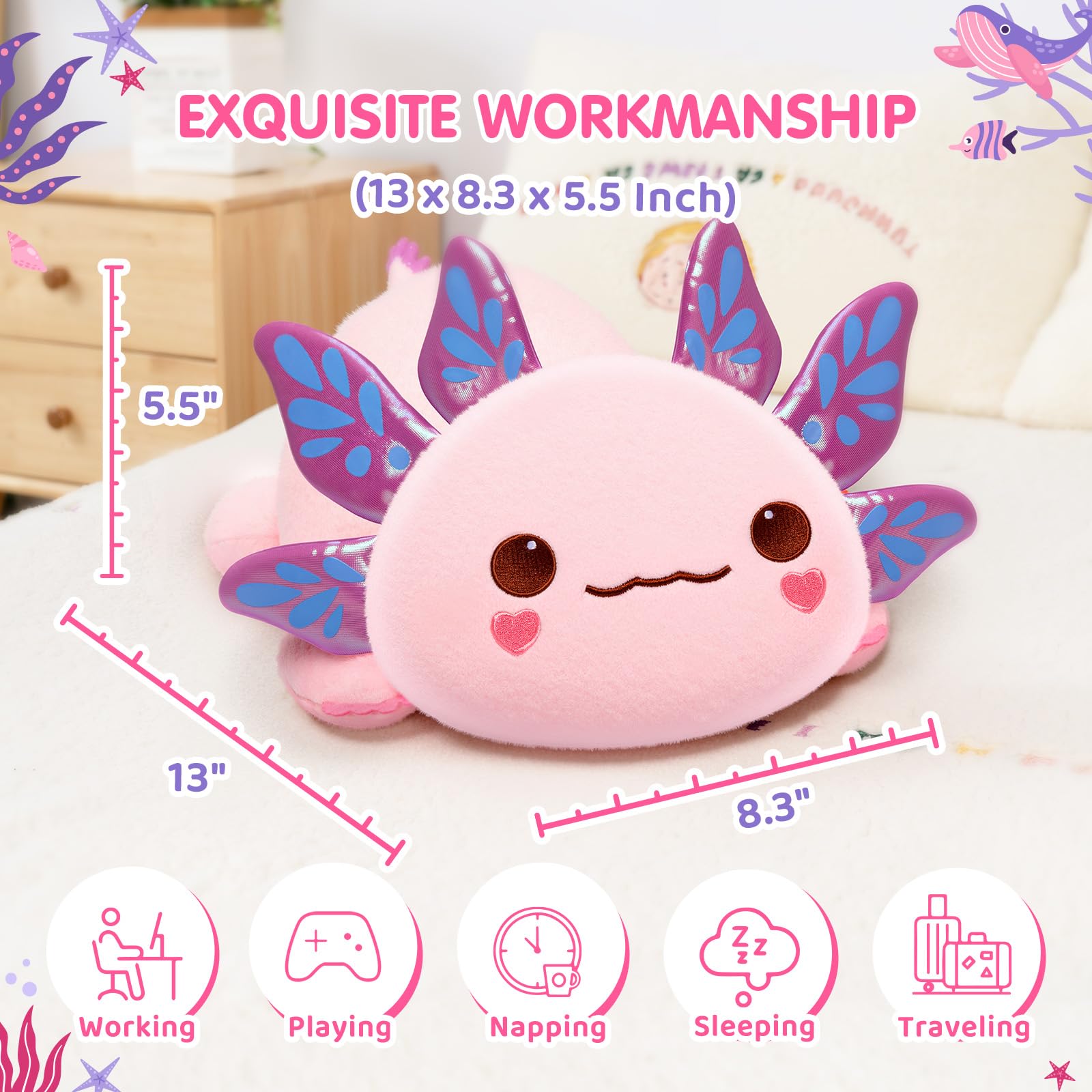 Mewaii Cute Axolotl Plush Pillow, Kawaii Plushies Pink Axolotl Stuffed Animals, Squishy Plushies, Cuddle Plush Pillow for Kids & Girls - Image 4