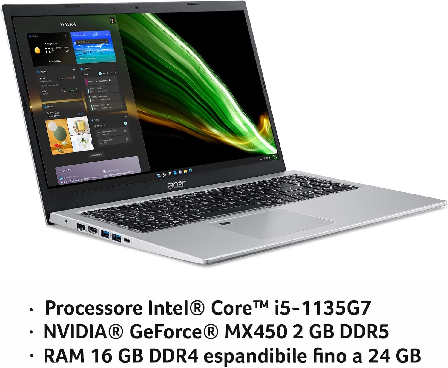 Acer Aspire 5 A515-56G-509E Notebook Gaming, Processore Intel Core i5-1135G7, RAM 16 GB DDR4, 256 GB PCIe NVMe SSD, Display 15.6 IPS FHD LED LCD, NVIDIA GeForce MX450 2 GB, Windows 11 Home Acer Aspire 5 A515-56G-509E Notebook Gaming, Processore Intel Core i5-1135G7, RAM 16 GB DDR4, 256 GB PCIe NVMe SSD, Display 15.6 IPS FHD LED LCD, NVIDIA GeForce MX450 2 GB, Windows 11 Home