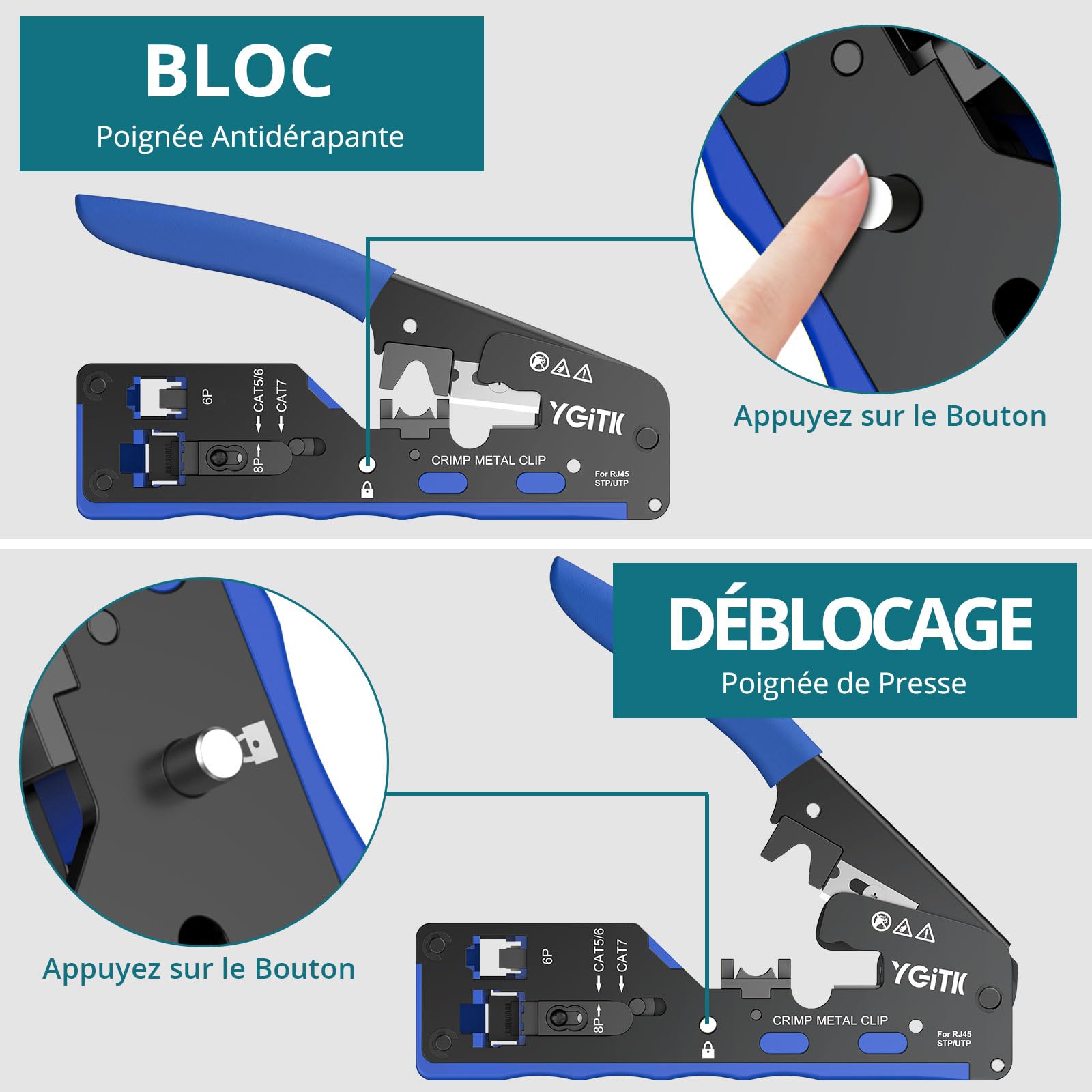 RJ45 Pince à Sertir Kit d'Outils de Sertissage RJ45 Réseau avec 50Pcs Connecteur RJ45 pour Câble Droit CAT6 et Nid de Sertissage 8P pour Connecteur Réseau CAT5/CAT5E/CAT6/CAT6A/CAT7/CAT7A