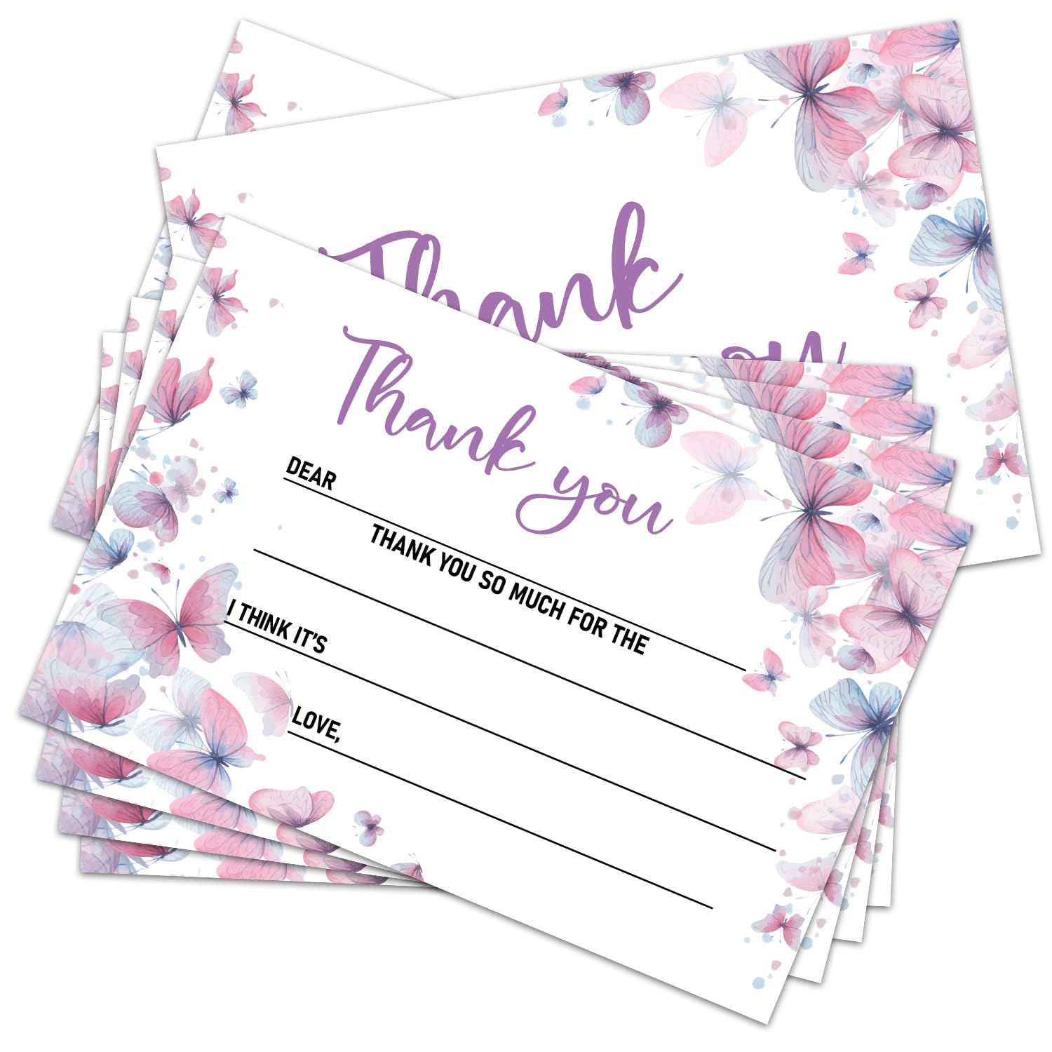 Zgogy 20 PCS Butterfly Thank You Cards with 20 Envelopes, Thank You Notes Fill in the Blank Thank You Cards for Kids, Colorful Thanks Cards for Birthday Party -03