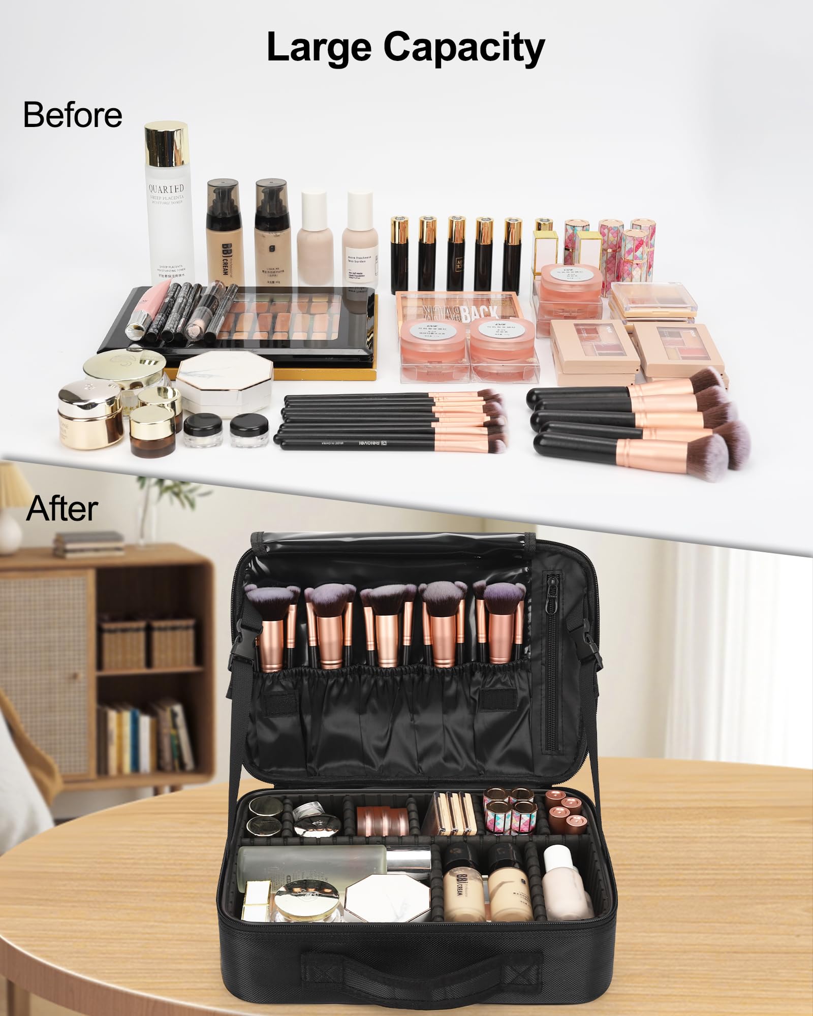 Reise-Make-up-Koffer, Make-up-Kosmetik-Organizer, tragbare Künstleraufbewahrungstasche mit verstellbaren Trennwänden für Kosmetik, Make-up, Pinsel, Toilettenartikel (schwarze Farbe Medium)