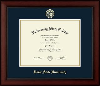 Boise State University 11" w x 8.5" h Diploma Frame - Fits a bachelor's - Gold Embossed Diploma Frame - Cherry Moulding with Navy and Gold Matting - Officially Licensed
