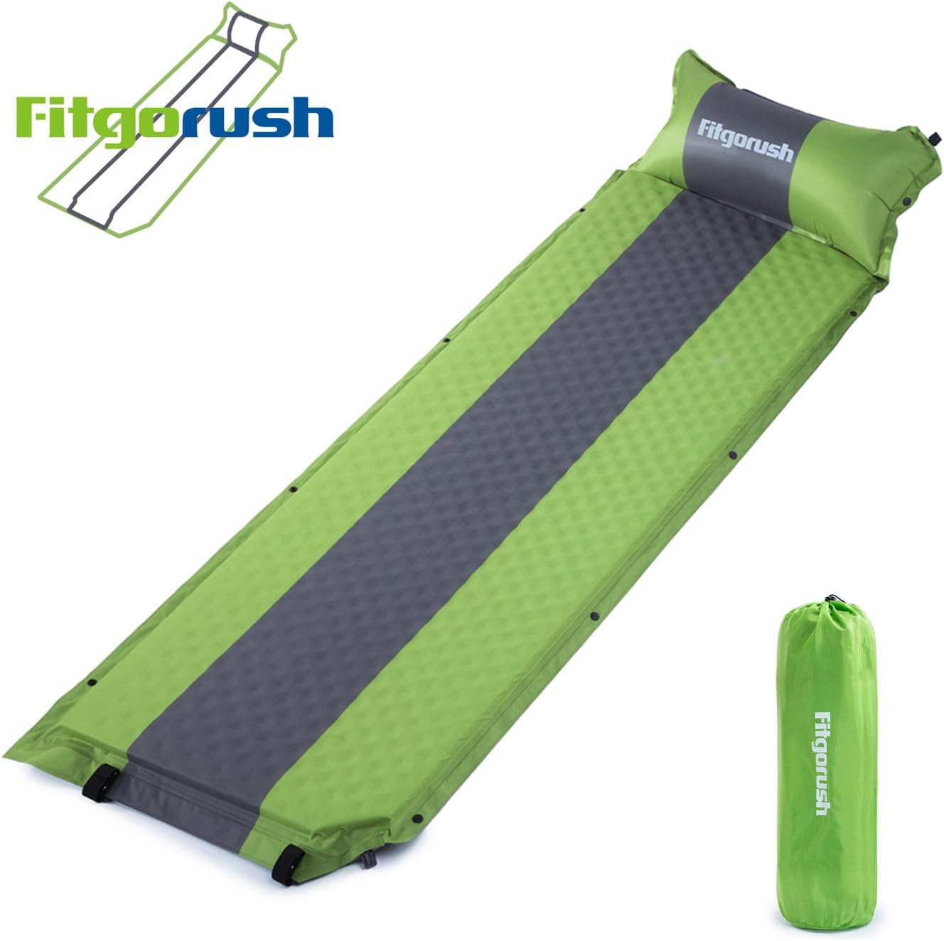 Fitgorush Self Inflating Camping Sleeping Mat/Pad with Attached Pillow, Lightweight & Compact Waterproof Camping Air Inflatable Mattress with Quick Flow Value, Pads for Hiking & Camping, Backpacking, Travel(Green, 74.8" x 24.8" x 0.4 - 2")