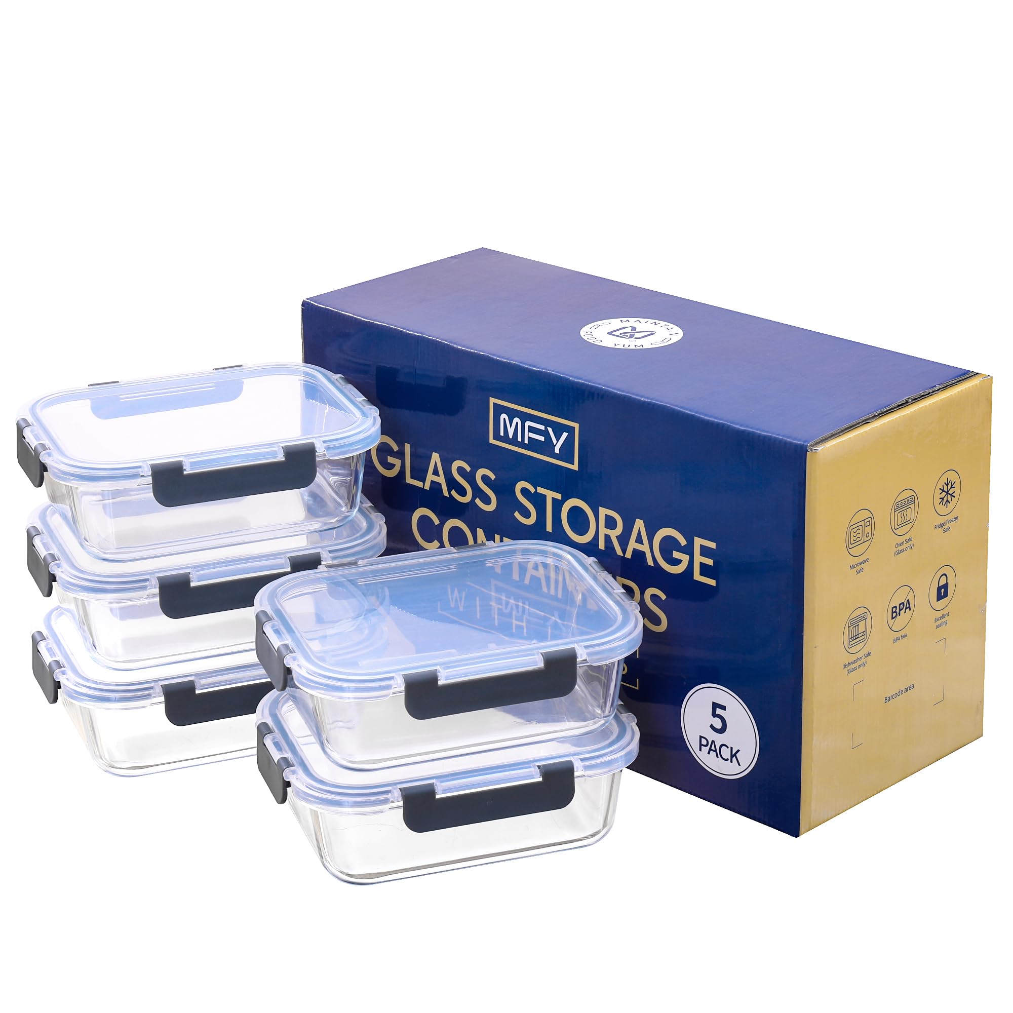 MFY Glasbehälter mit Deckel, 1020 ml, mit auslaufsicheren Verschlussdeckeln, luftdichte Glas-Lunchbox mit Deckel, BPA-freie Behälter-Sets, Mikrowelle, Backofen, Gefrierschrank und Spülmaschine, Grau