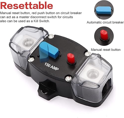 Miniatura 3 de Disyuntor de 12-24 voltios CC 150 A reinicio manual, motor de arrastre de calibre 0-8, audio estéreo para automóvil, bloque de fusibles, inversor