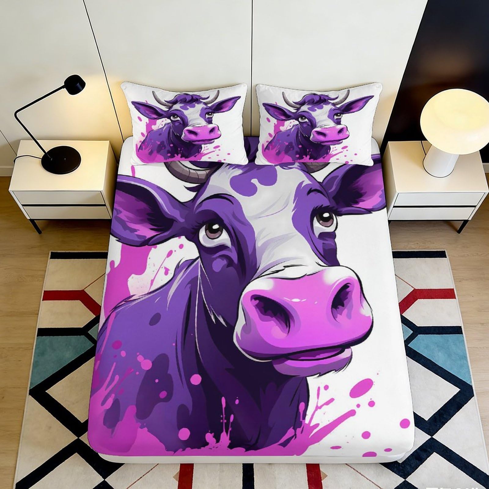 3D Printed Purple Cow Fitted Sheet Microfiber Soft Breathable Cartoon Cow Bed Sheet Mattress Cover for Bedroom Dormitory Guest Room Mattress Protection 90x200x25cm
