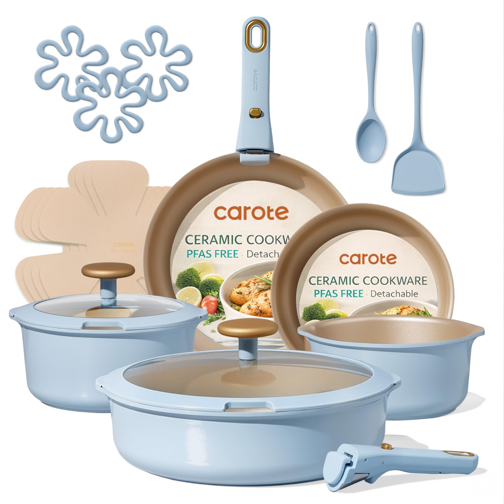 CAROTE 18Pcs Pots and Pans Set, Titanium kitchen Pan Set, Nonstick Cookware Set Detachable Handle, Induction kitchen cookware Non Stick, RV Cookware Sets, Oven Safe, Blue