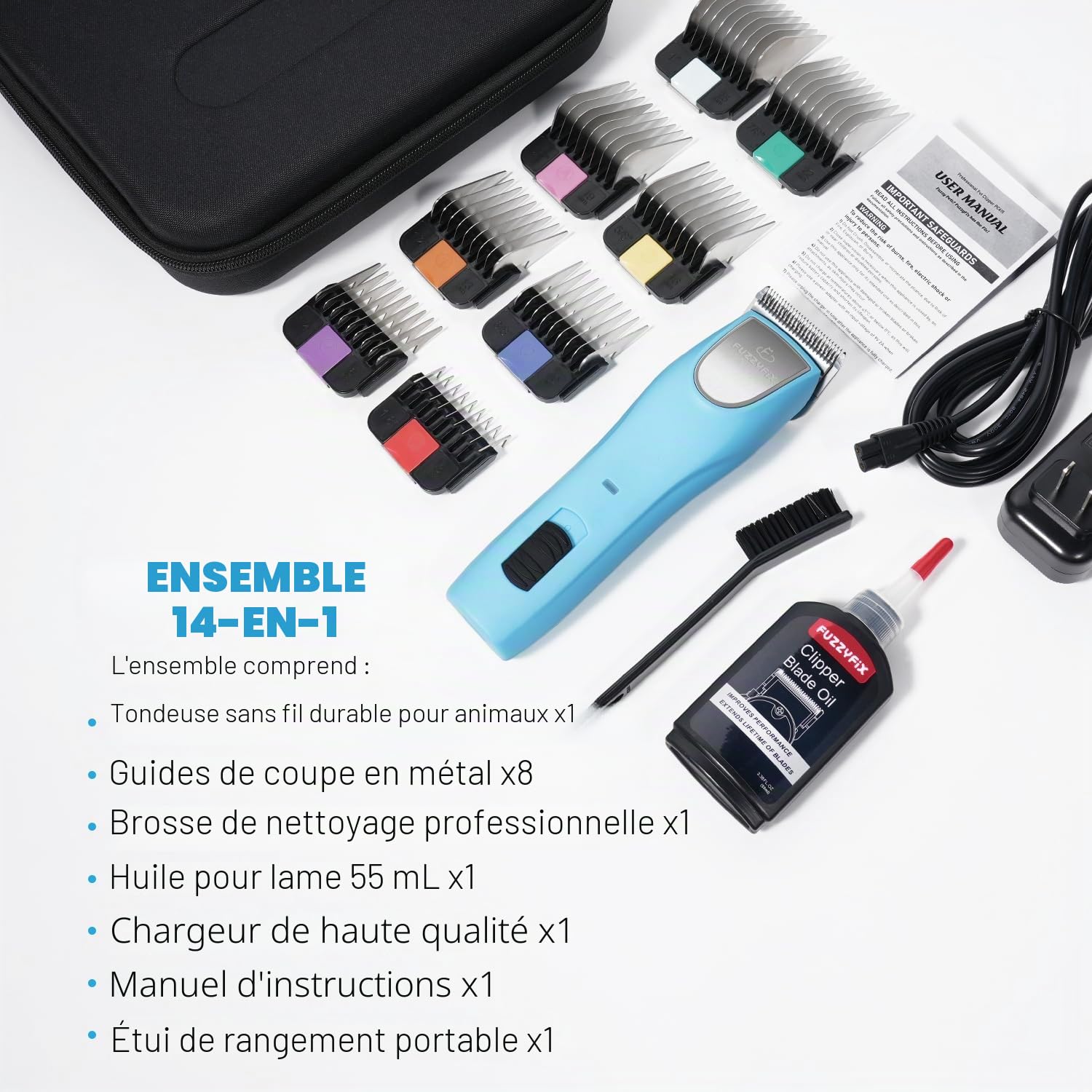 Tondeuse professionnelle pour chien pour toilettage, kit de toilettage pour animaux de compagnie pour manteaux épais et lourds à faible bruit, lame en acier inoxydable avec moteur sans balais