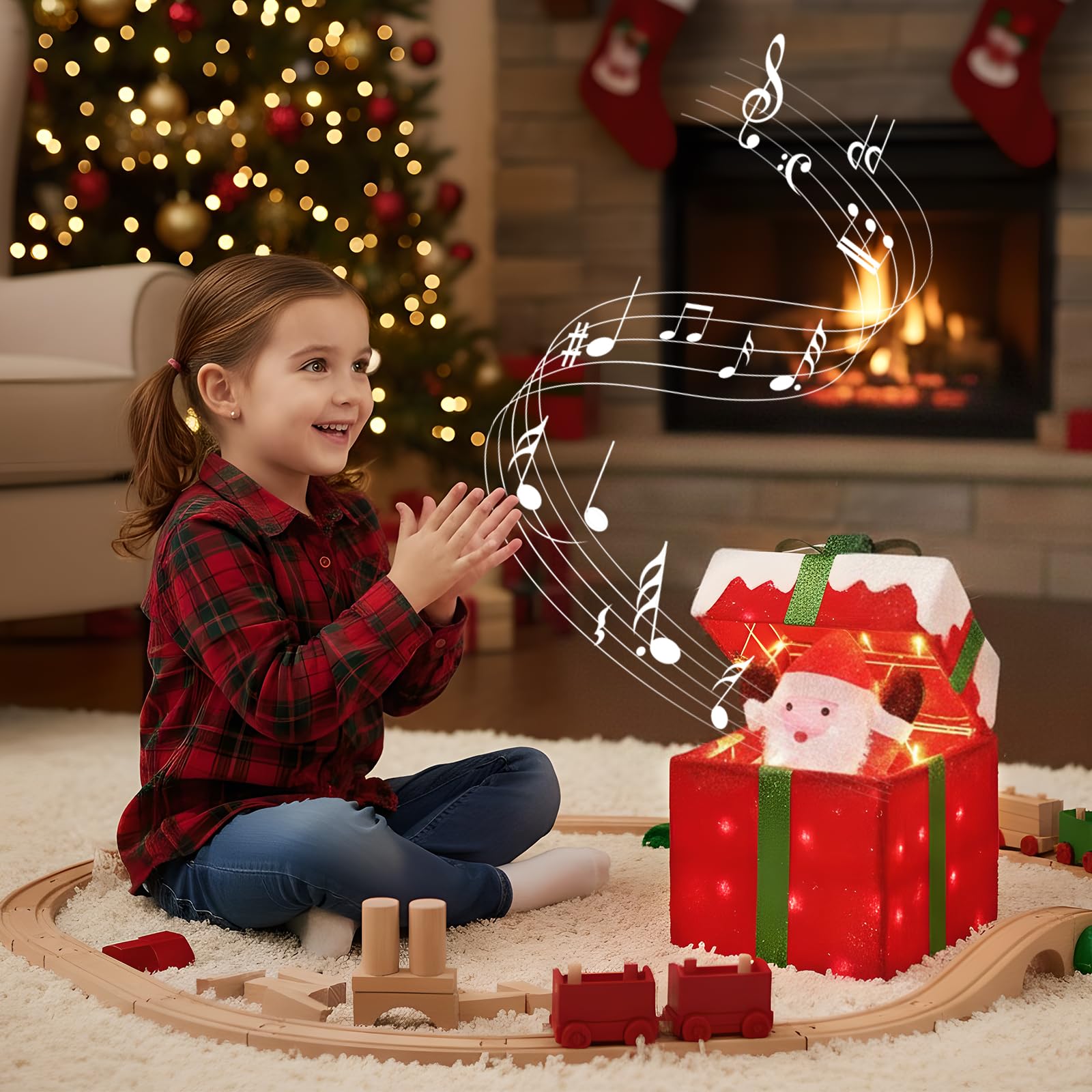 Scatola regalo LED con apertura automatica e Babbo Natale, decorazione natalizia illuminata per esterni con musica, 4 modalità e sensore di movimento, luci natalizie con 48 LED, 28×18×30 cm