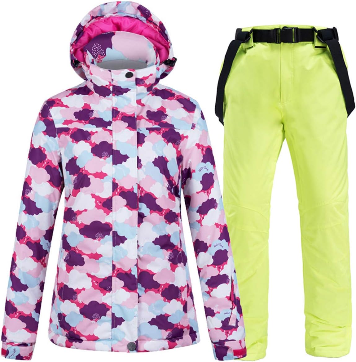Women's Cloud Print Ski Jacket Mountain Windproof Waterproof Snow Snowboard Coat with Ski Bib Pants Set Outfits
