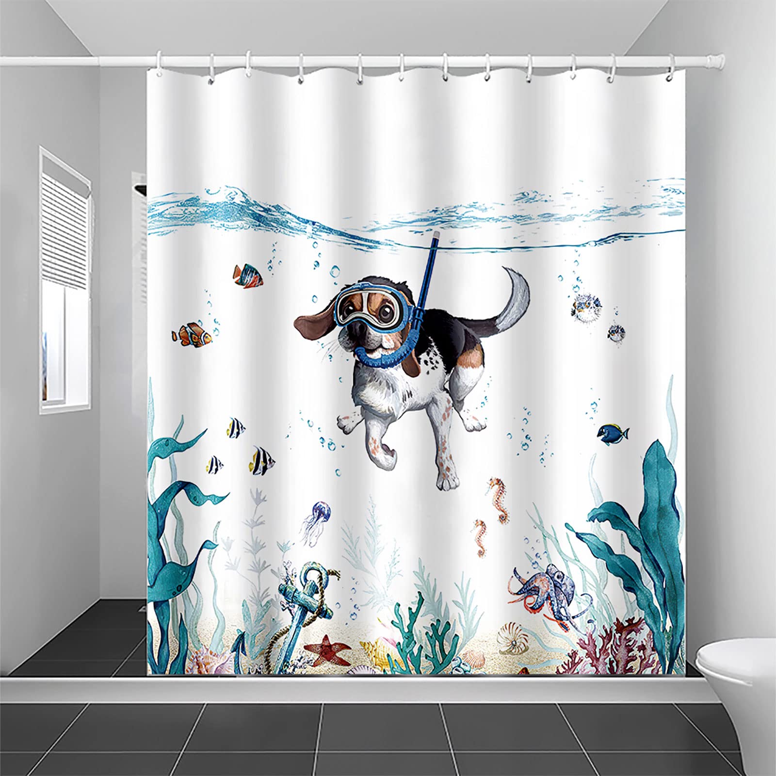 HomeStilez Blue Shower Curtain Diving Dog Ocean Animal Fish Seaweed Print Waterproof Durable Polyester Bath Curtain 180x180cm Modern Washable Bathroom Accessory with 12 Pieces Bath Curtain Ring