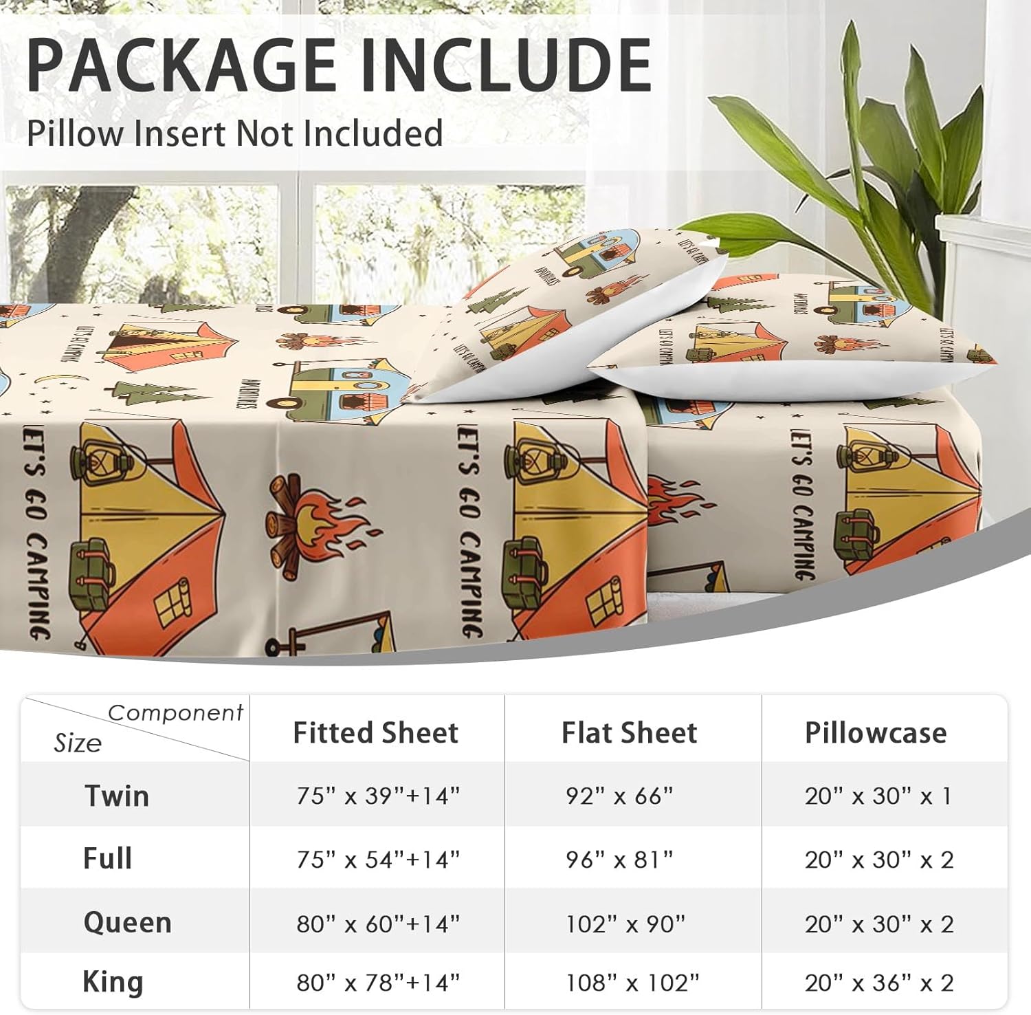 WeCozy 3 Pcs Twin Size Bed Sheet Sets with Pillowcase, Camping Retro Summer Camp Soft Microfiber Bedding for Kids and Adults, Forest Nature Rv Flat, Fitted Sheet for Bedroom Bed Decor