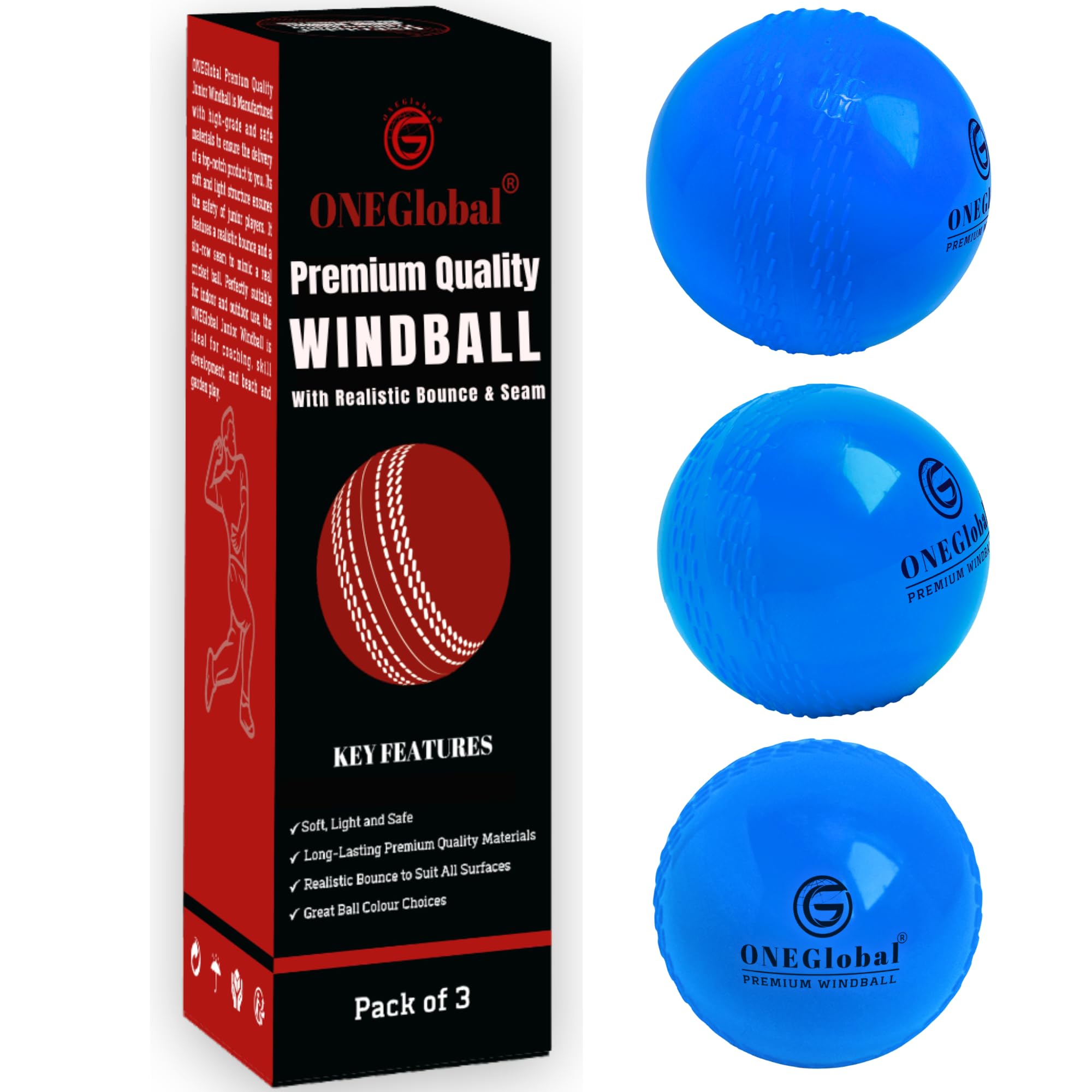 ONEGlobal Premium Windball Soft Cricket Ball | Durable, Embossed Seam, True Bounce & Swing | Wind Ball Cricket Balls for Outdoor & Indoor Practice, Coaching, Garden & Beach Games (3 Blue)