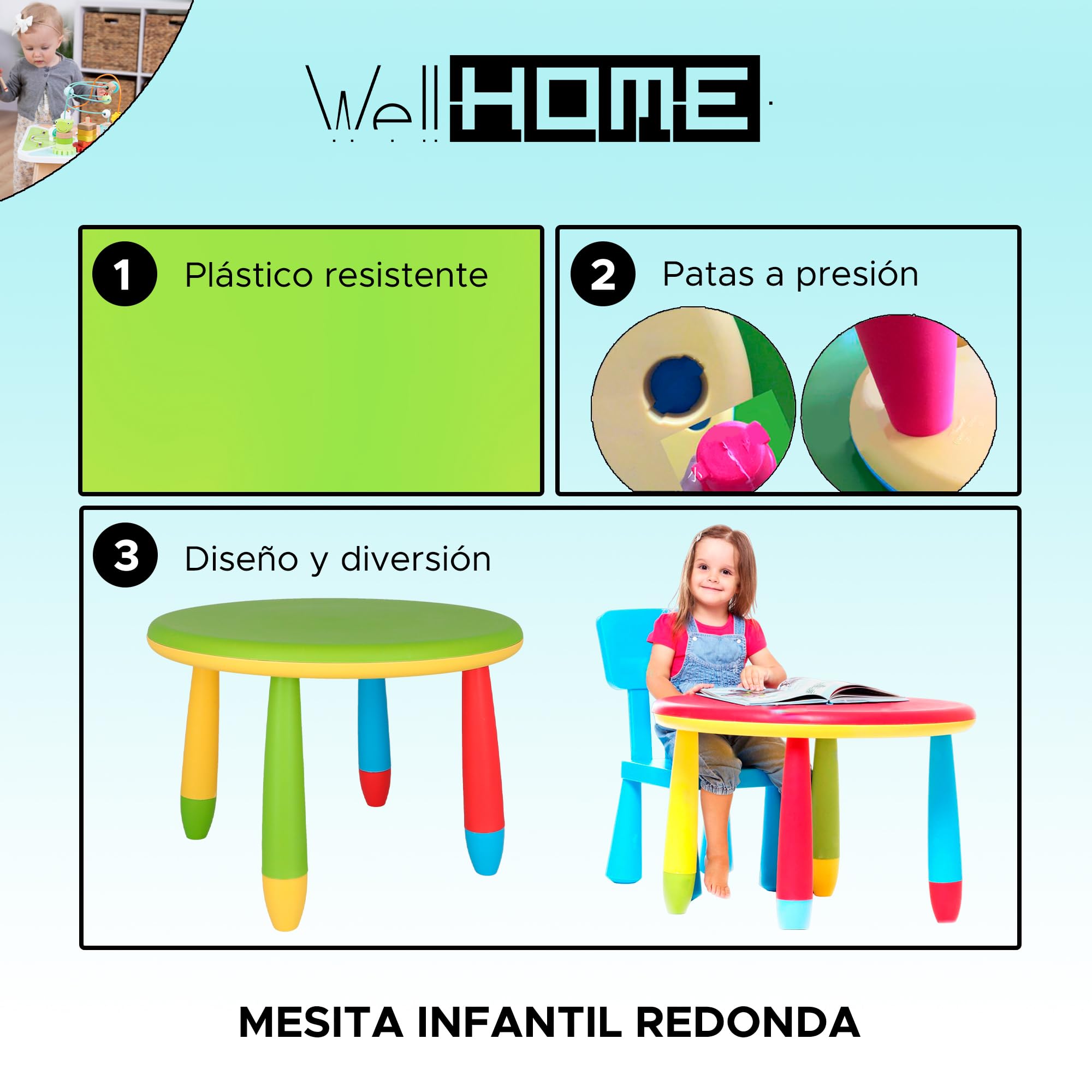 WELL HOME MOBILIARIO & DECORACIÓN Mesita Infantil Redonda Verde, en plástico, Ø70 x H.48cm