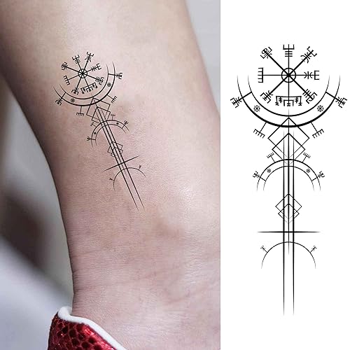 Miniatura 2 de 6 hojas de tatuajes temporales para mujeres y adultos, vikingo antiguo, art déco, vegvisir, brújula de navegación, tatuaje temporal para hombres