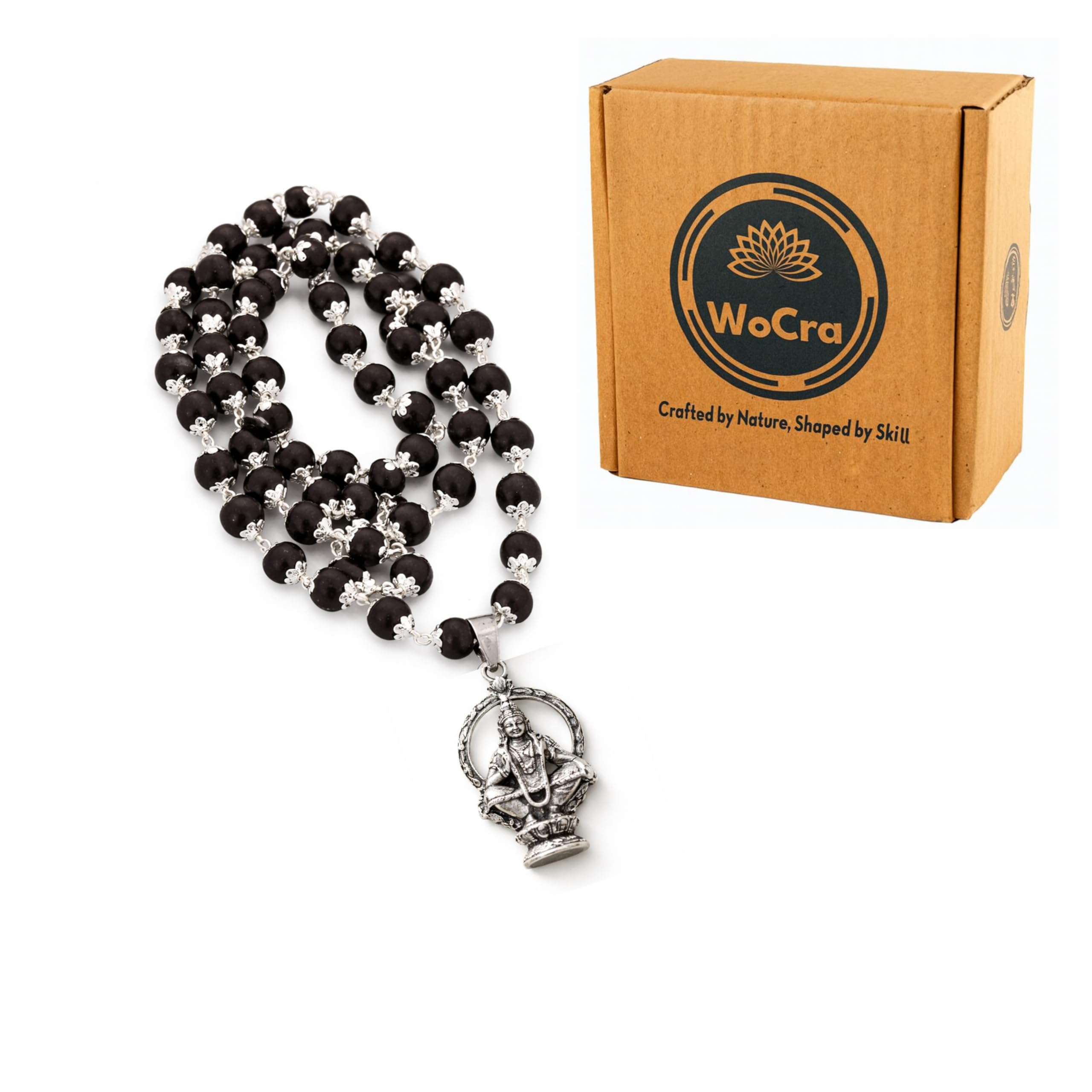 WoCra® Karungali Malai 8mm Certified with Divine Lord Ayyappa Pendant Silver Plated Original | 54 Beads Authentic Black Ebony Wood Mala with German Silver Cap for Men & Women | Spiritual Protection, Energy Balance & Daily Pooja Wear – 1 Piece