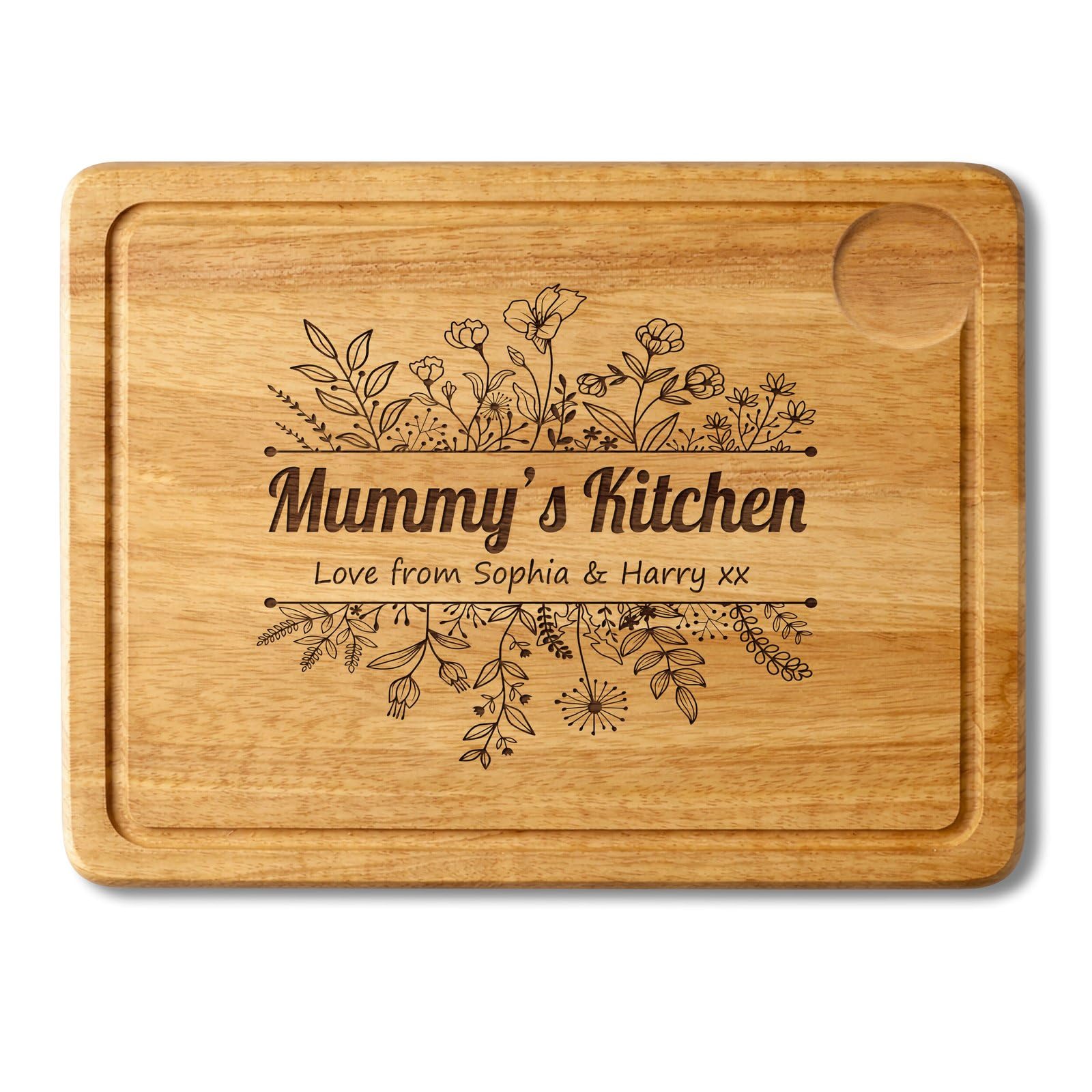 Personalised Solid Wood Chopping Board 40 x 30cm – Custom Laser Engraved Kitchen Gift - Botanical Wildflower Design