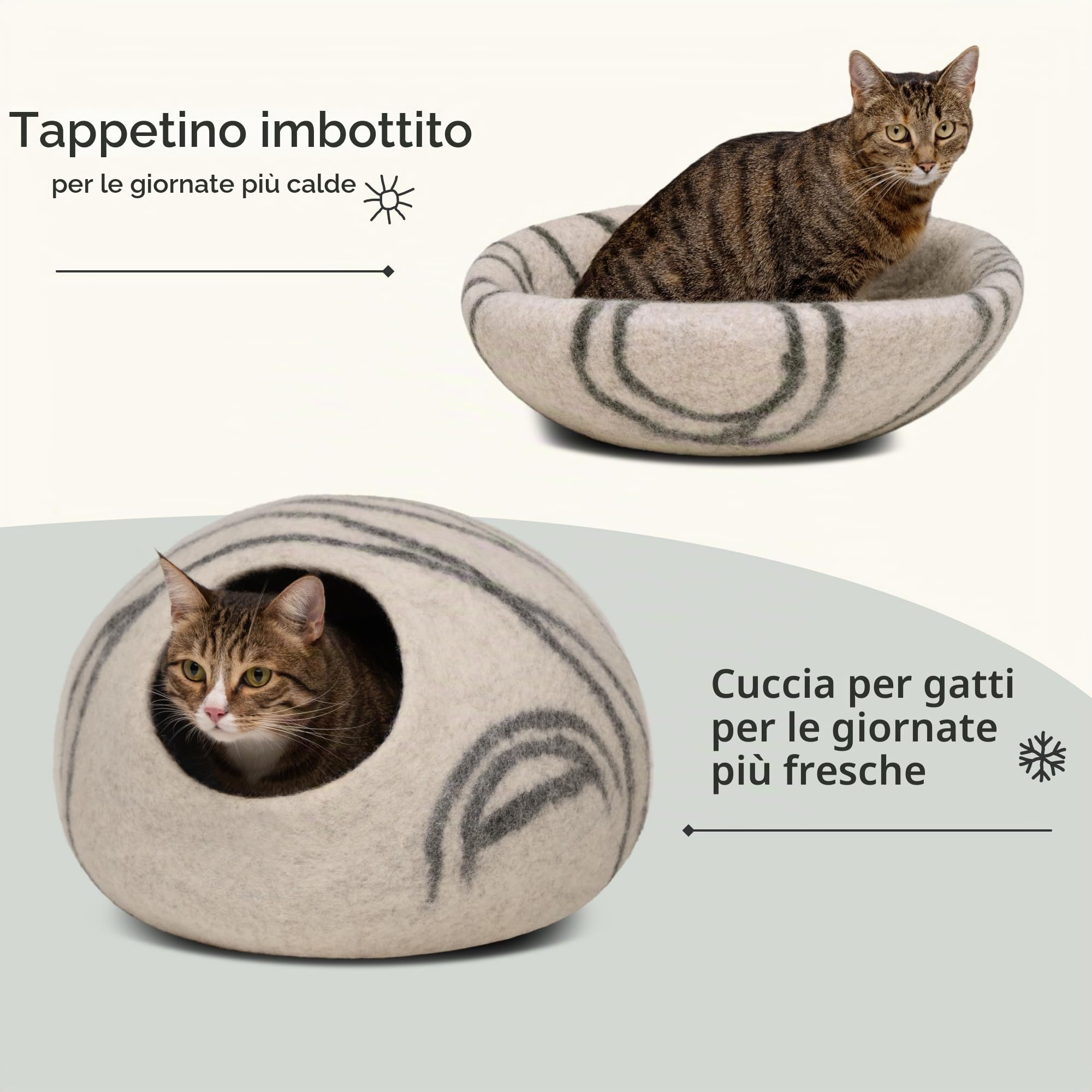 MEOWFIA Cuccia per gatti in feltro di alta qualità - Cuccia fatta a mano in lana merino per gatti e gattini (tonalità chiare) (medio, perla fumosa)