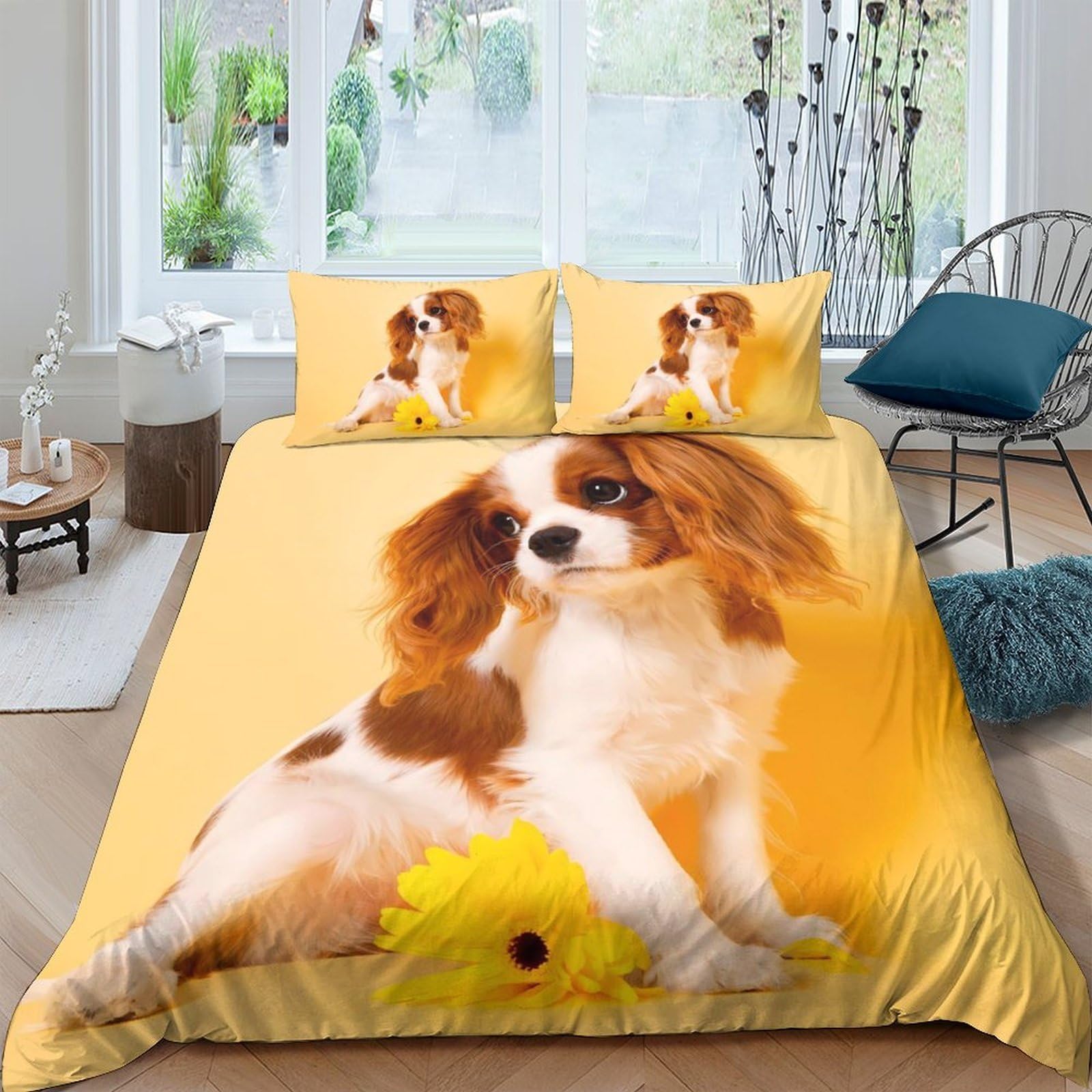 Ctjqhvkz Style-10 3D Printed Cavalier King Charles Spaniel Fitted Sheet Microfiber Yellow Flower Bed Cover Bedroom Dorm Mattress Protection Single（135X200cm）