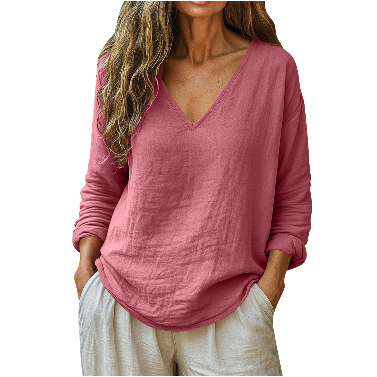 Linen Shirts for Women Long Sleeve V Neck Loose Tops Summer Beach Boho Casual Peasant Blouse — view 11