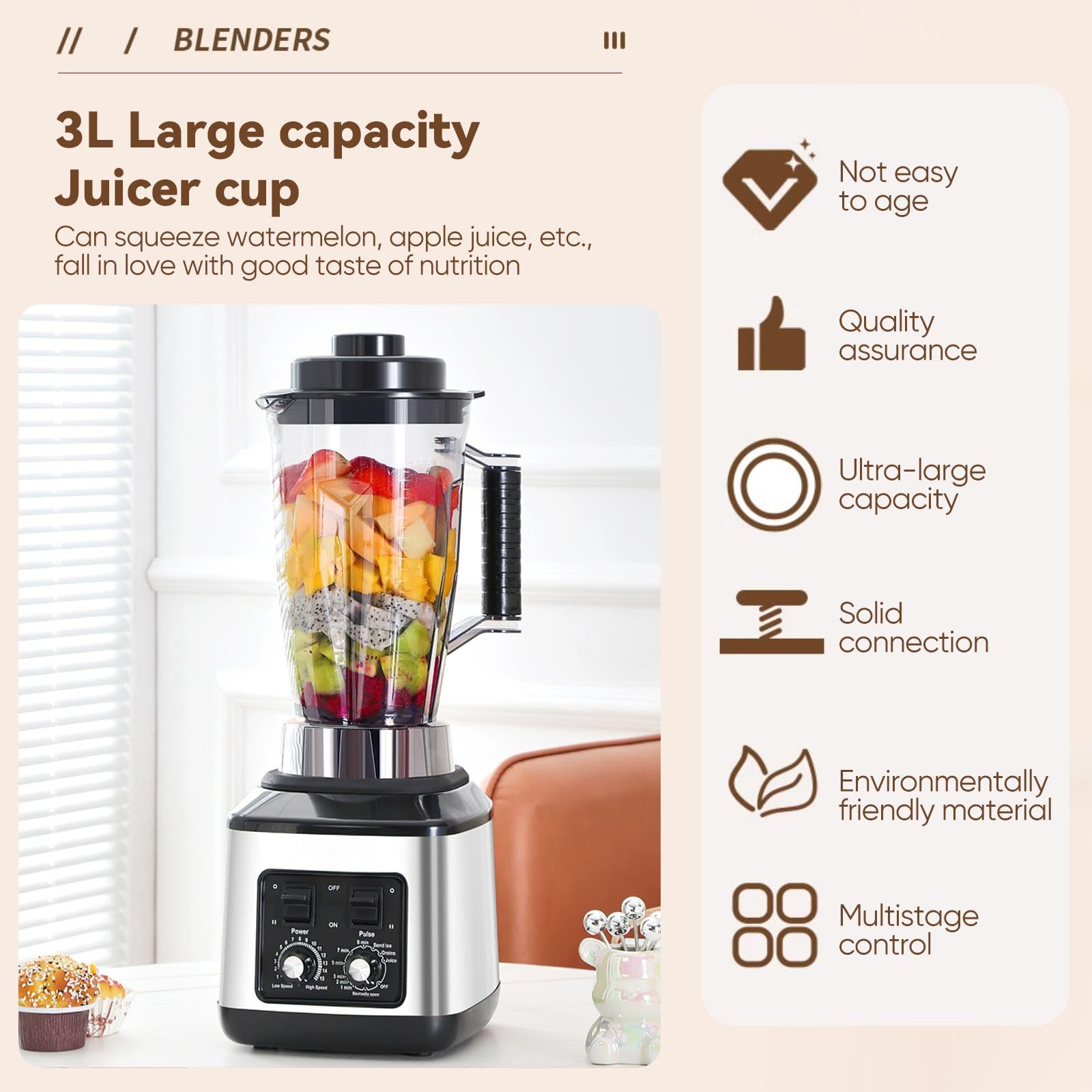 Frullatore professionale 3 in 1, frullatore per succhi e frullati con 15 velocità regolabili e funzione timer, 3 brocche e lame in acciaio inossidabile