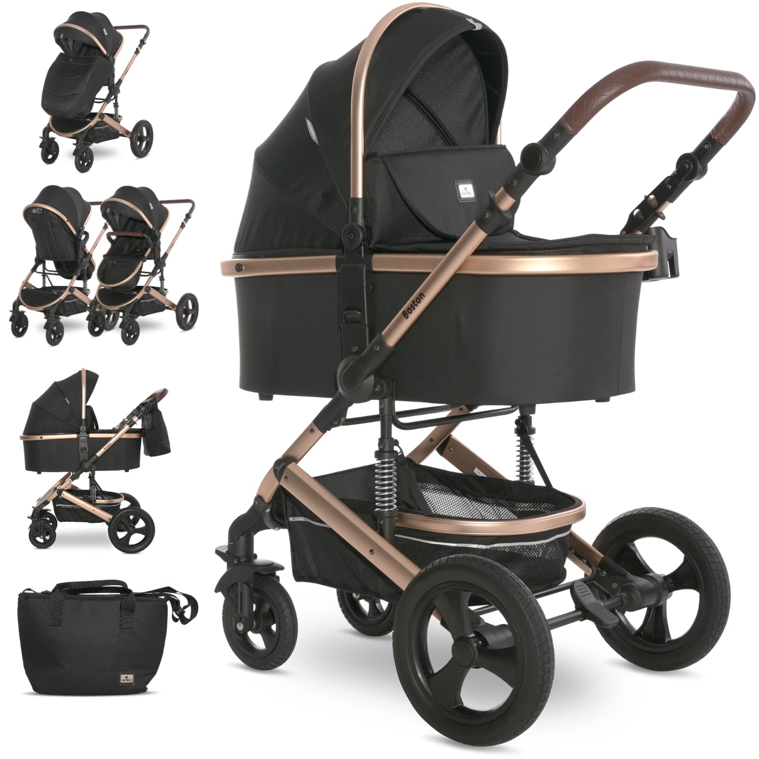 LorelliBaby Stroller Boston 2 in 1, Pram for Newborn, Pushchair, Buggy, Foldable Travel System from Birth up to 4 years or 22kg, Reclining Backrest, Large Rubber Tires, Suspension, Footcover, Black