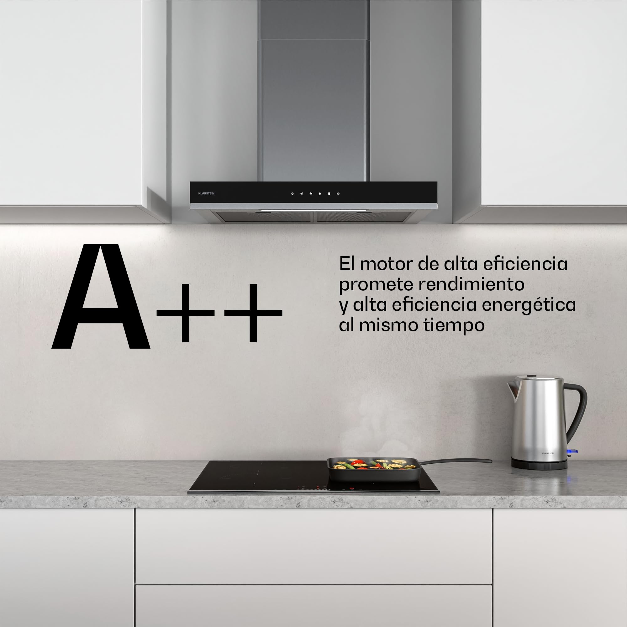 Klarstein Verosteel Campana Extractora 60 cm - 881,6 m³/h, A++, LED, 3 Velocidades + Boost, Filtros Lavavajillas & Carbón, Acero Inoxidable, Táctil, Silenciosa, Cocina
