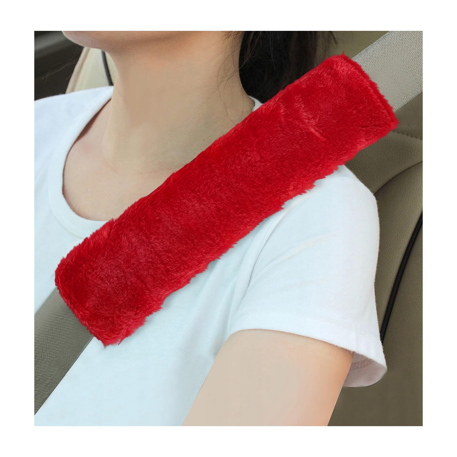 Sun Walker 2PCS Seat Belt Shoulder Pads, Fluffy Soft Plush Auto Seat Belt Pads for Protecting Your Neck &amp; Shoulder, Comfortable Seatbelt Cover Warm Protective Cushion for Most Cars (Red)