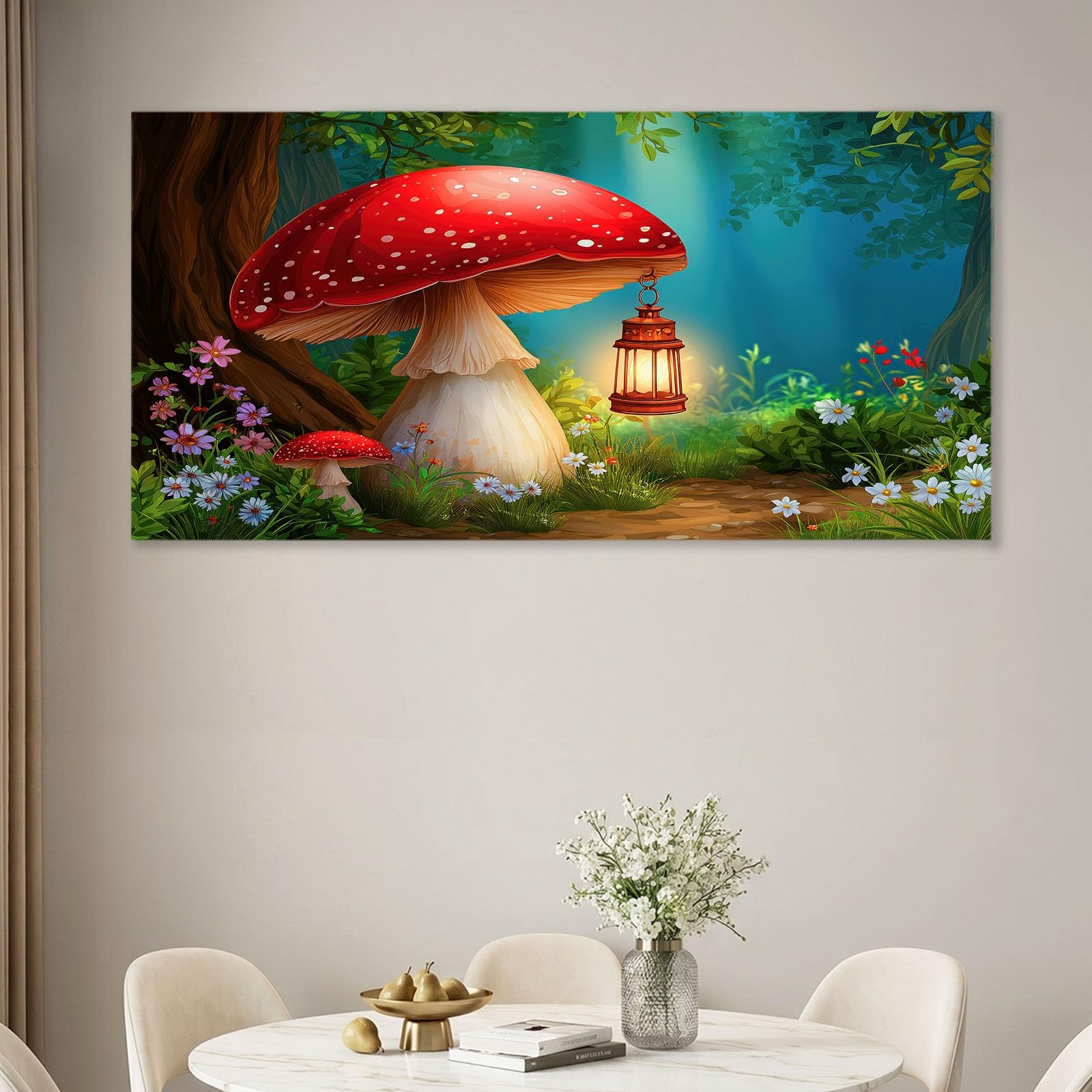 Fantasy Forest – sztuka ścienna, oprawiony obraz na płótnie, oprawiony obraz, do salonu, sypialni, przedpokoju, kuchni lub biura, dekoracja, 90 x 60 cm, zielona dżungla, grzyby, kwiaty, rośliny