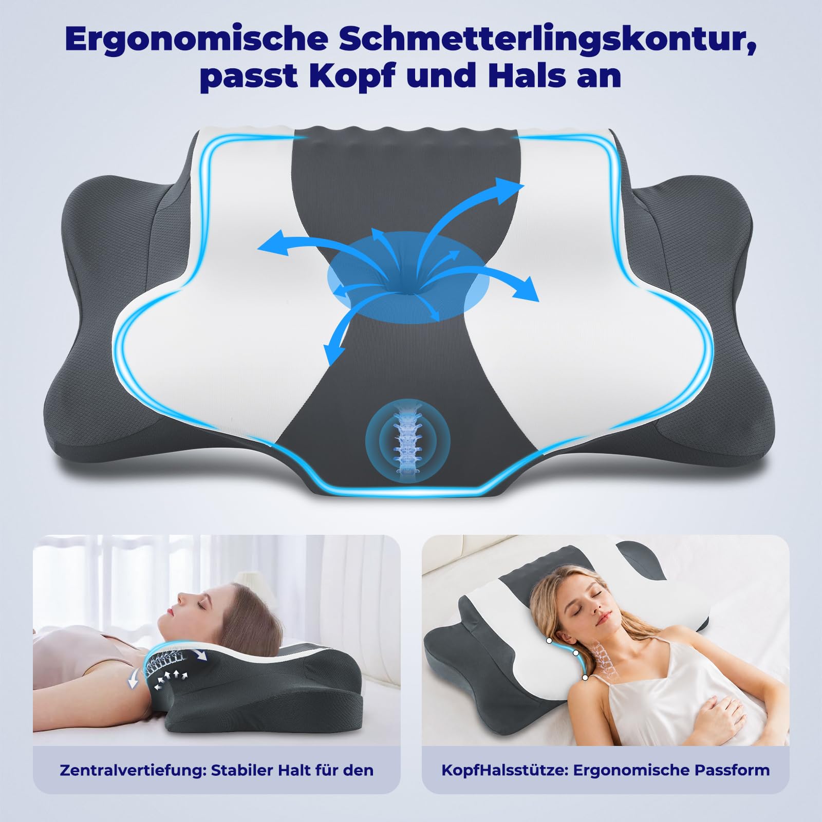 DONAMA Nackenkissen Memory Foam Schmetterlingsform zum Schlafen, 2 Höhen | Nacken- und Schulterkomfort, ergonomisches kopfkissen für jede Schlafposition, Maße 64x39x10/13 cm, für die ganze Familie