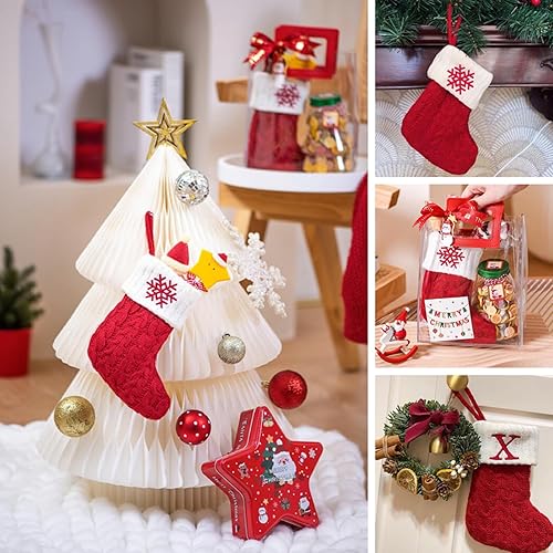 Miniatura 3 de Comeon Medias de Navidad, 7 pulgadas, letra inicial bordada, punto trenzado, mini lindo rojo con puños blancos para el hogar, familia, chimenea,