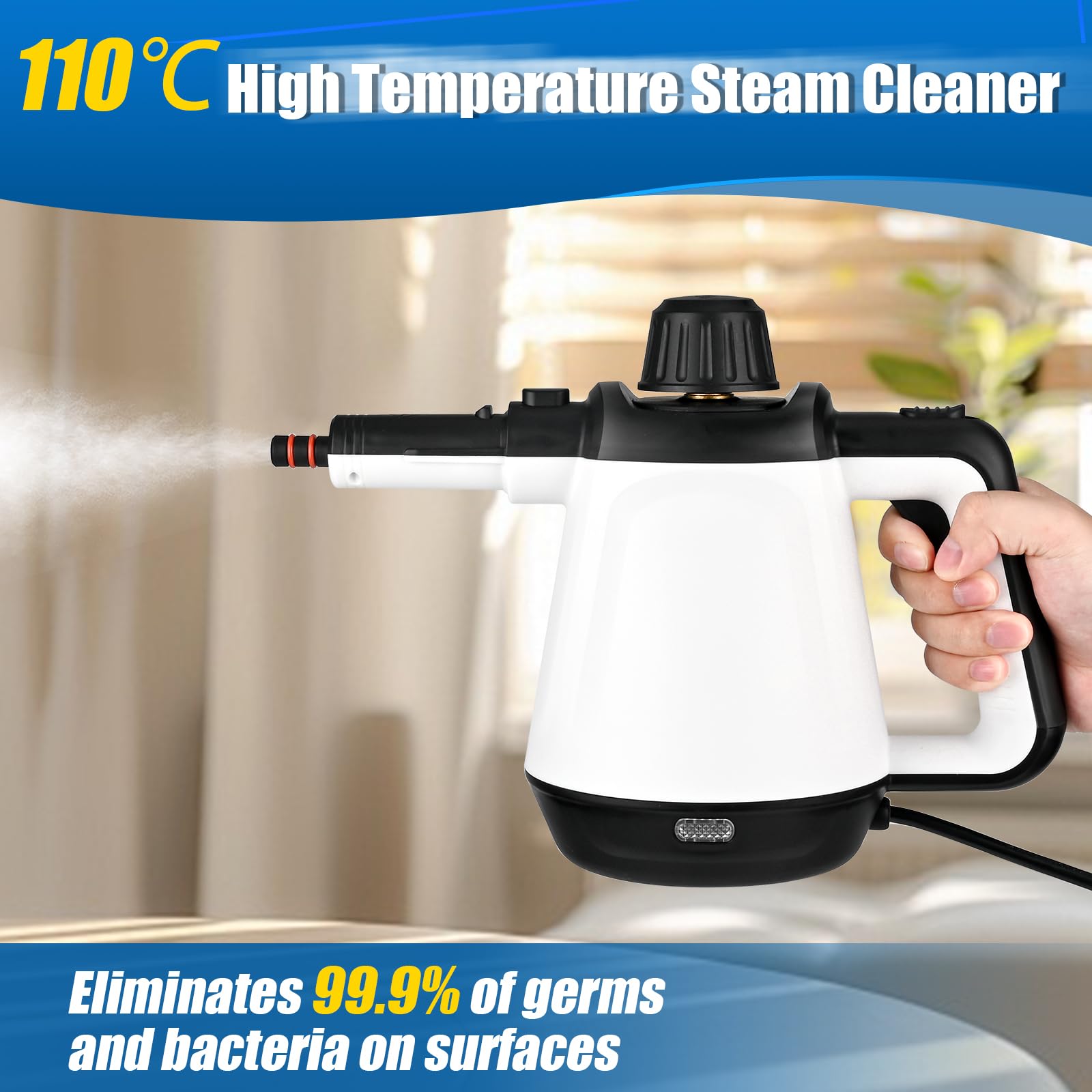 Dreamhigh Ręczny środek do czyszczenia parą 430 ml, 1200 W, 3,5 bara, środek do czyszczenia pary z 9 akcesoriami, elektryczne środki czyszczące do plam na szybach, pluskwa, łóżko, materac,