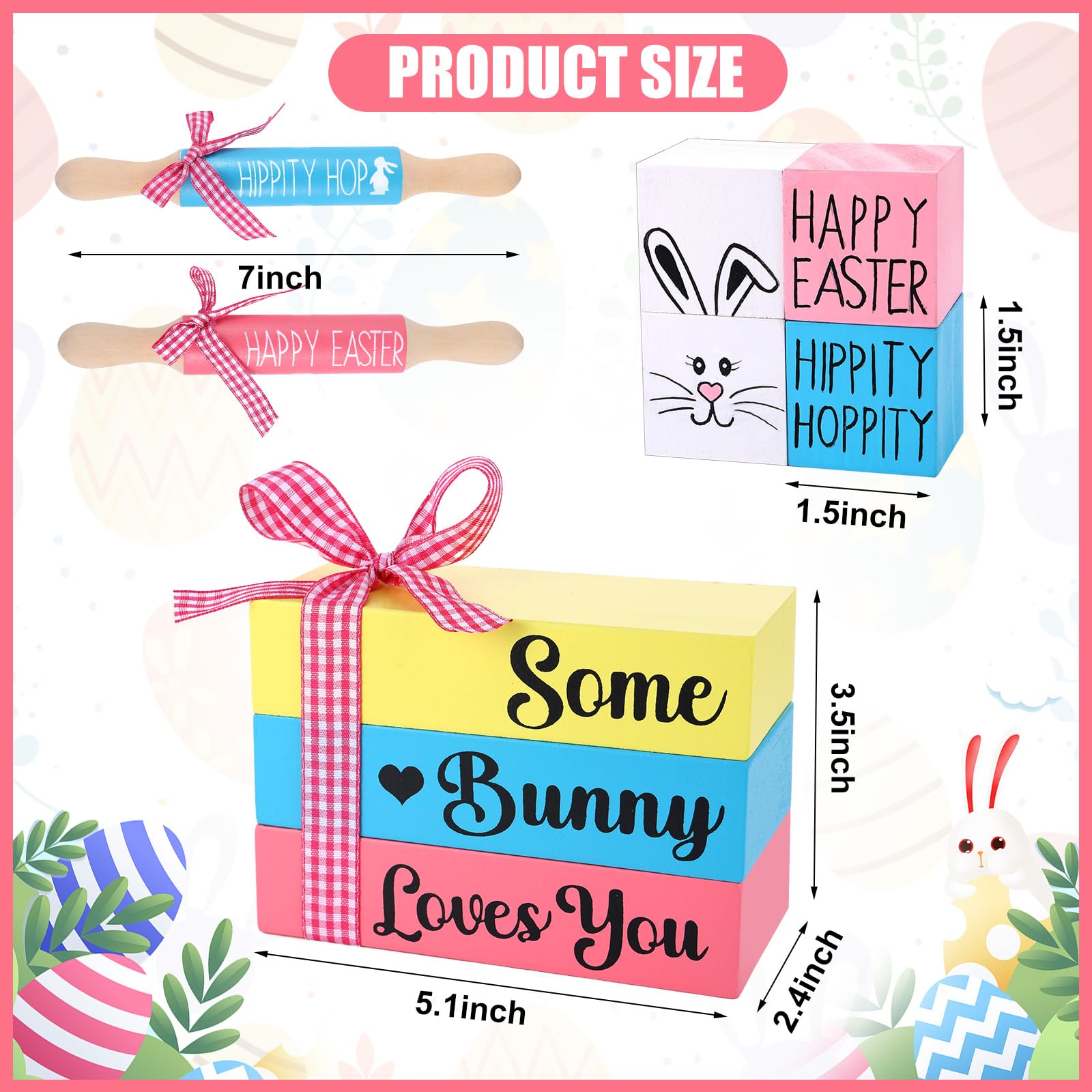 Easter Tiered Tray Decorations 3 Faux Books with Ribbon Rolling Pin 1 Pink 1 Green 4 Tabletop Sign Blocks Farmhouse Handmade Decor for Home Tray Table Bookshelf Mantel Wedding Anniversary