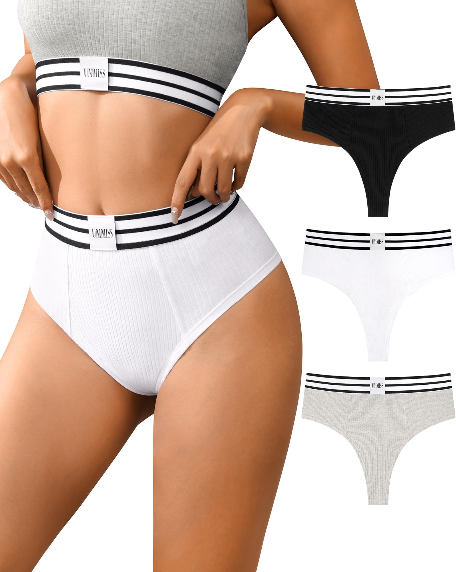 UMMISSWomens High Waisted Underwear Cotton Bikini Hipster Panties Soft Stretch Threaded Ladies Sport Panties 3 Pack