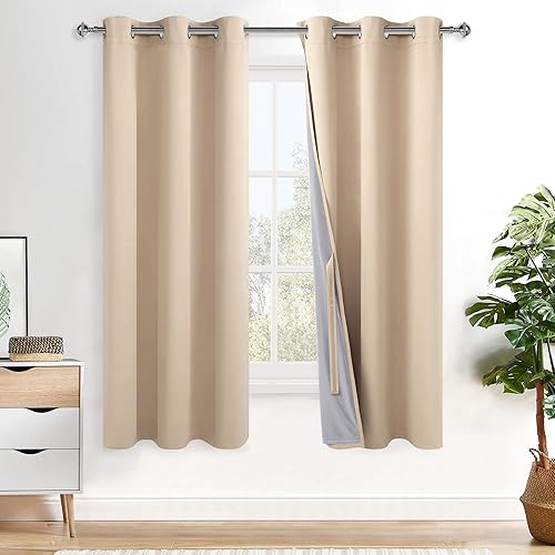 XWZO Cortinas 100% opacas de 63 pulgadas de largo, aislamiento térmico y oscurecimiento completamente de la habitación, forro negro, tratamiento de