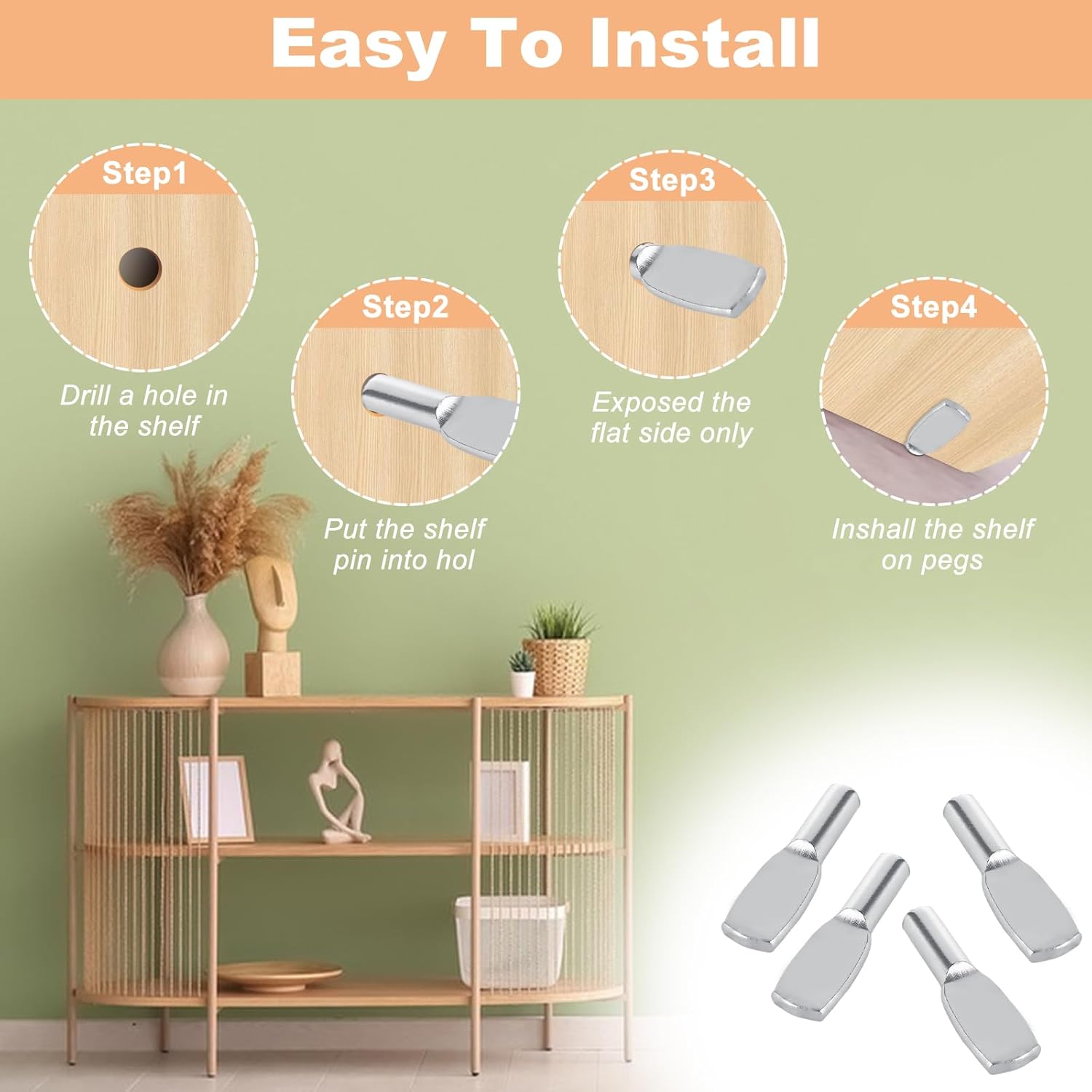 QTLCOHD 100Pcs 5mm Shelf Support Pegs and 300Pcs 1/4 Inch Spoon Shape Shelf Pins Bundle