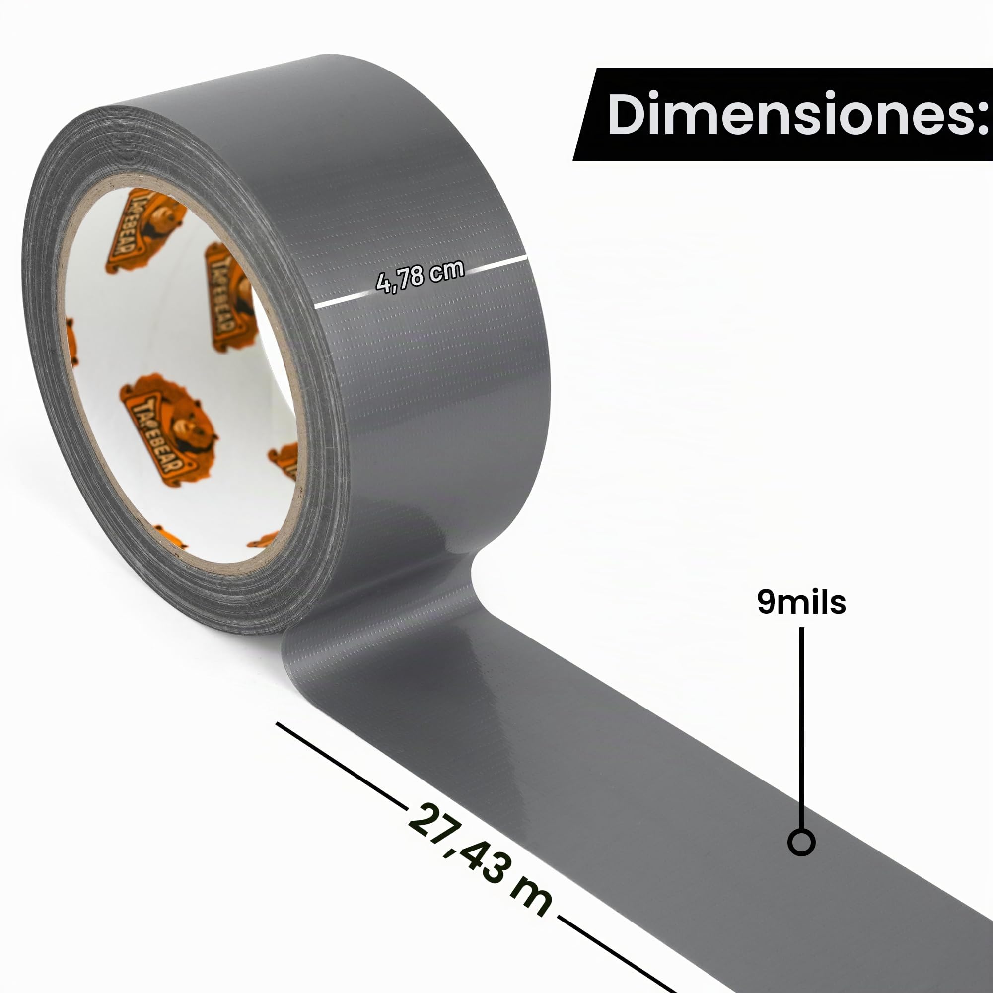 TAPEBEAR Cintas americanas Cinta adhesiva de tela 48mm x 27m, Ruban adhésif impermeable Cinta americana multiuso 9mil de espesor para Reparar, Fijar, Agrupar, Reforzar o Sellar, Plata, 5 rollos