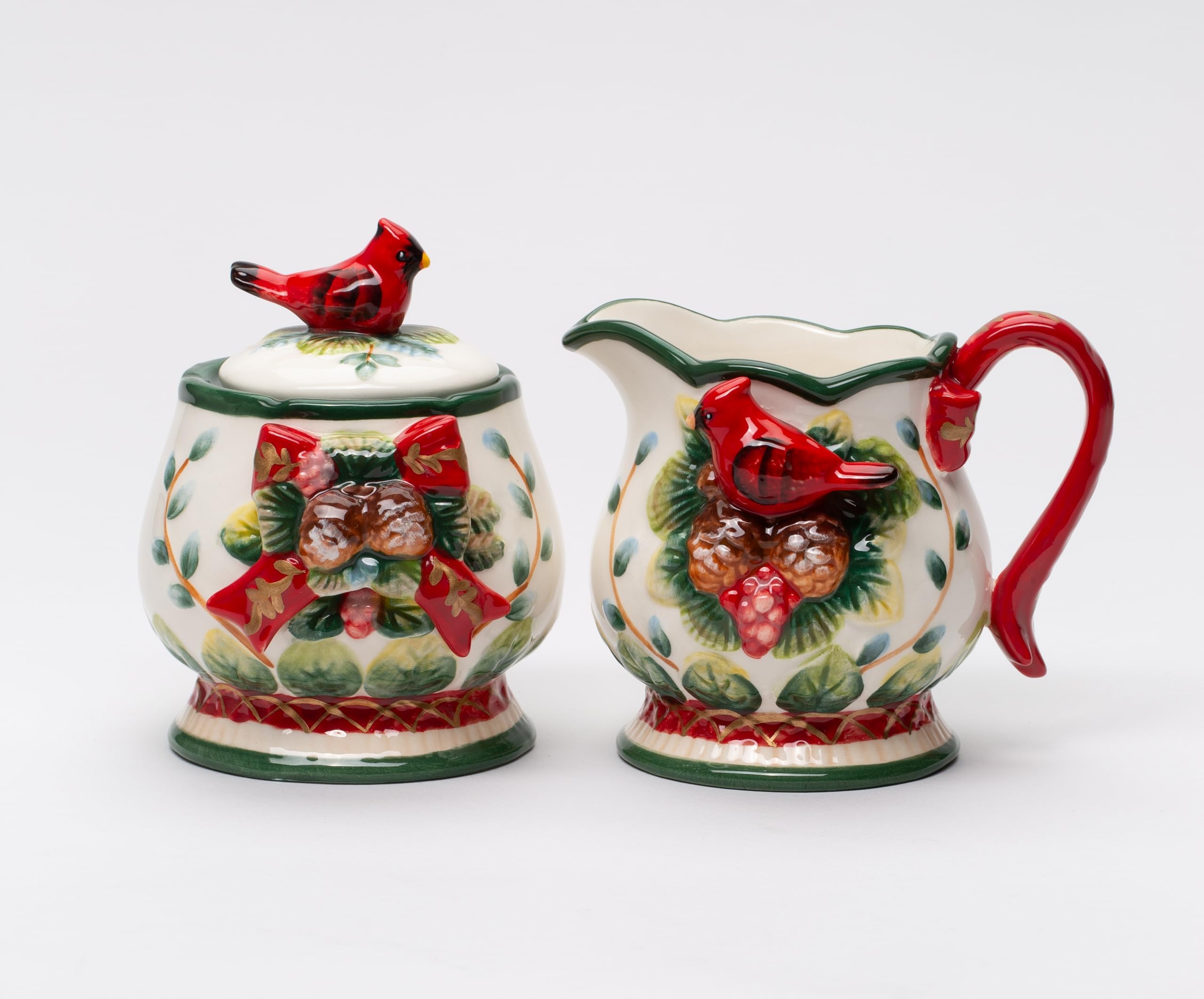 Cosmos Gifts Cosmos Gifts 10555 Fine Ceramic Evergreen Cardinal with Pine Cone Sugar and Creamer Set, 4 1/8" H