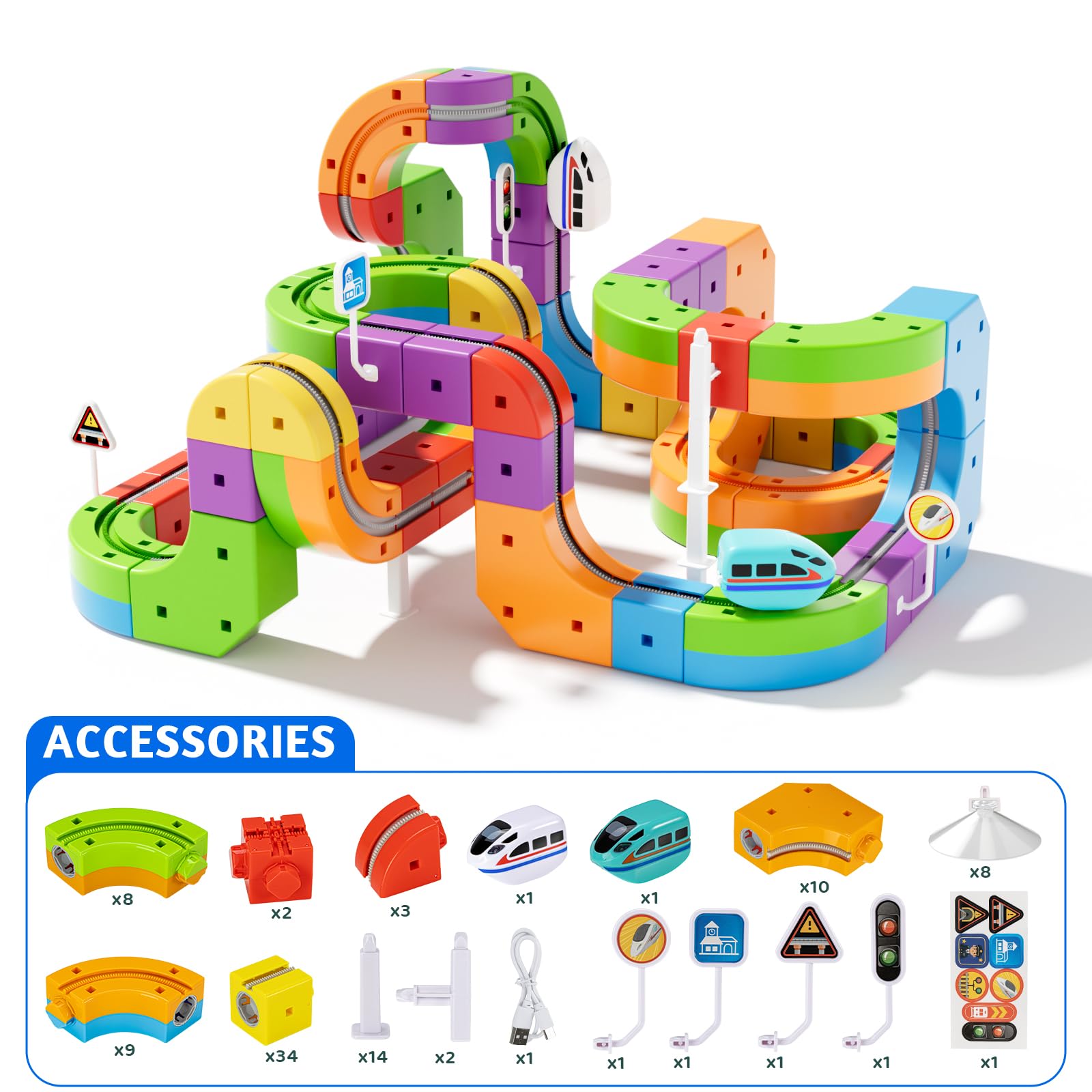 KlickRail - Kit de ferrocarril eléctrico de 88 piezas con coches motorizados y diseños 3D incrustados antigravitacionales. Juguete modular para niños de 3 a 8 años, 3-5, 6-7 años