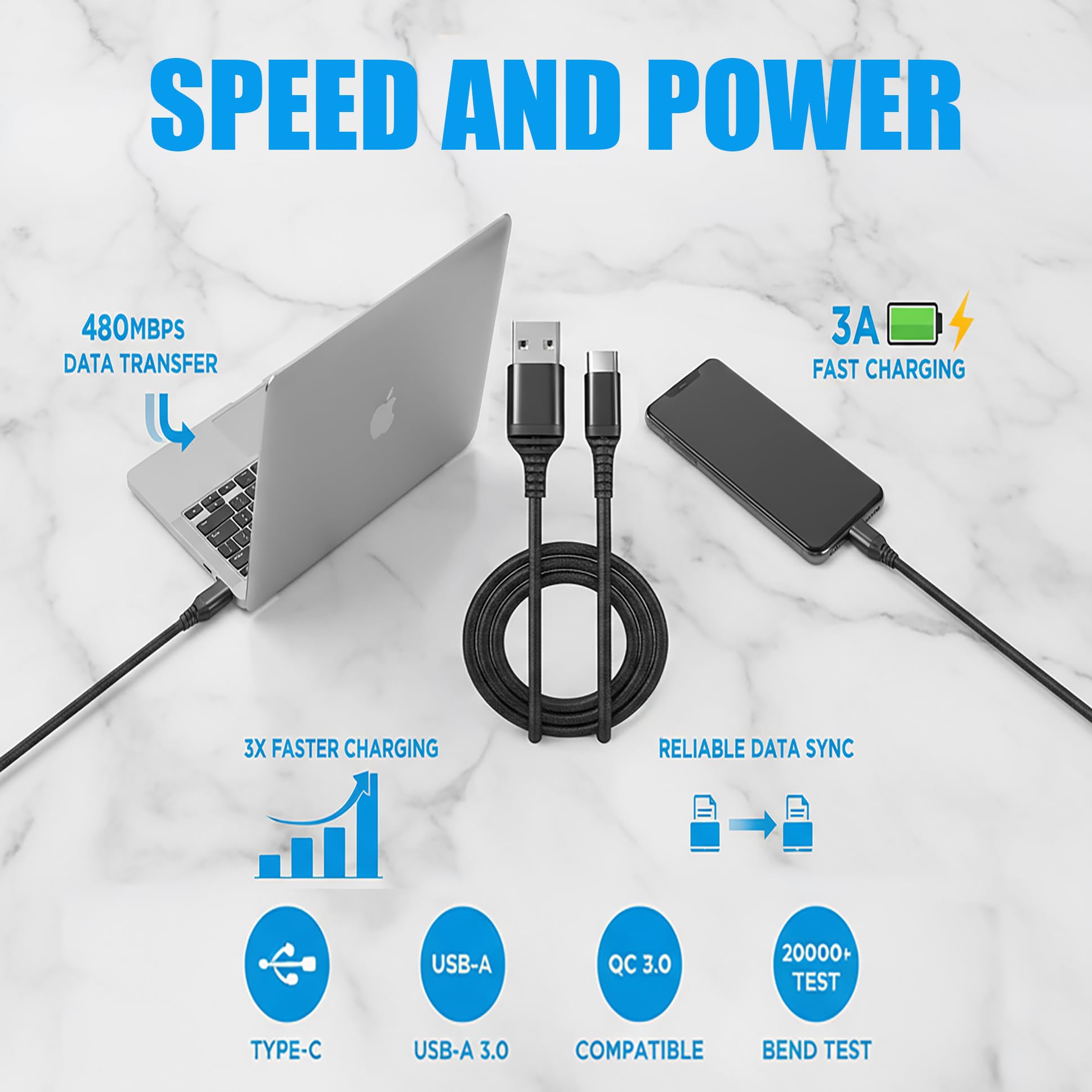 10er-Pack USB-Typ-C-Kabel [1,8 m, 3,0 A Schnellladung] – USB-A auf Typ C Ladekabel – Nylon geflochtenes Schnellladen für Samsung Galaxy S21 S20 S10, Pixel 6 5 4, OnePlus 9 8, Bulk 10er-Pack